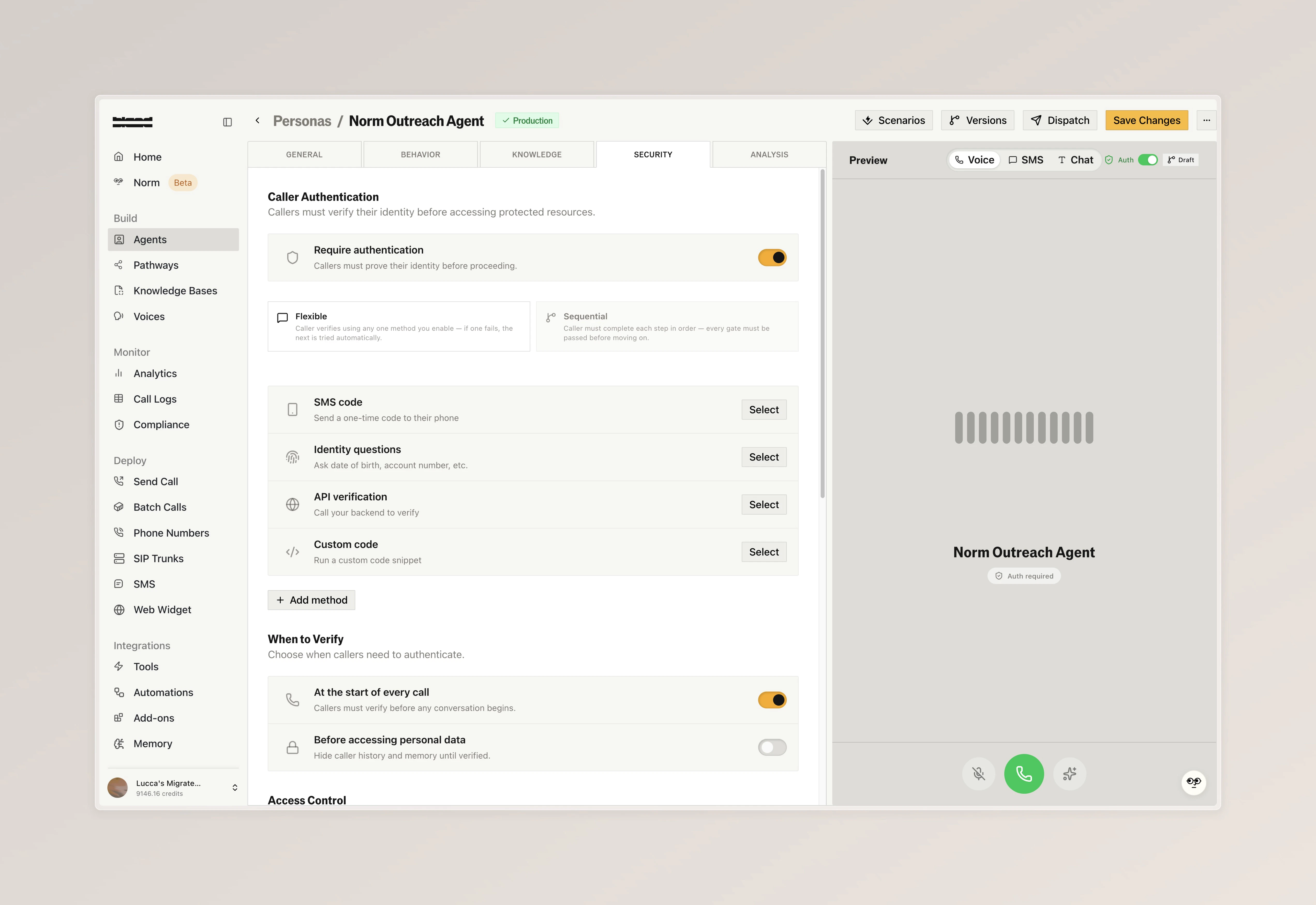 Security tab showing authentication toggle, available methods, and verification trigger options
