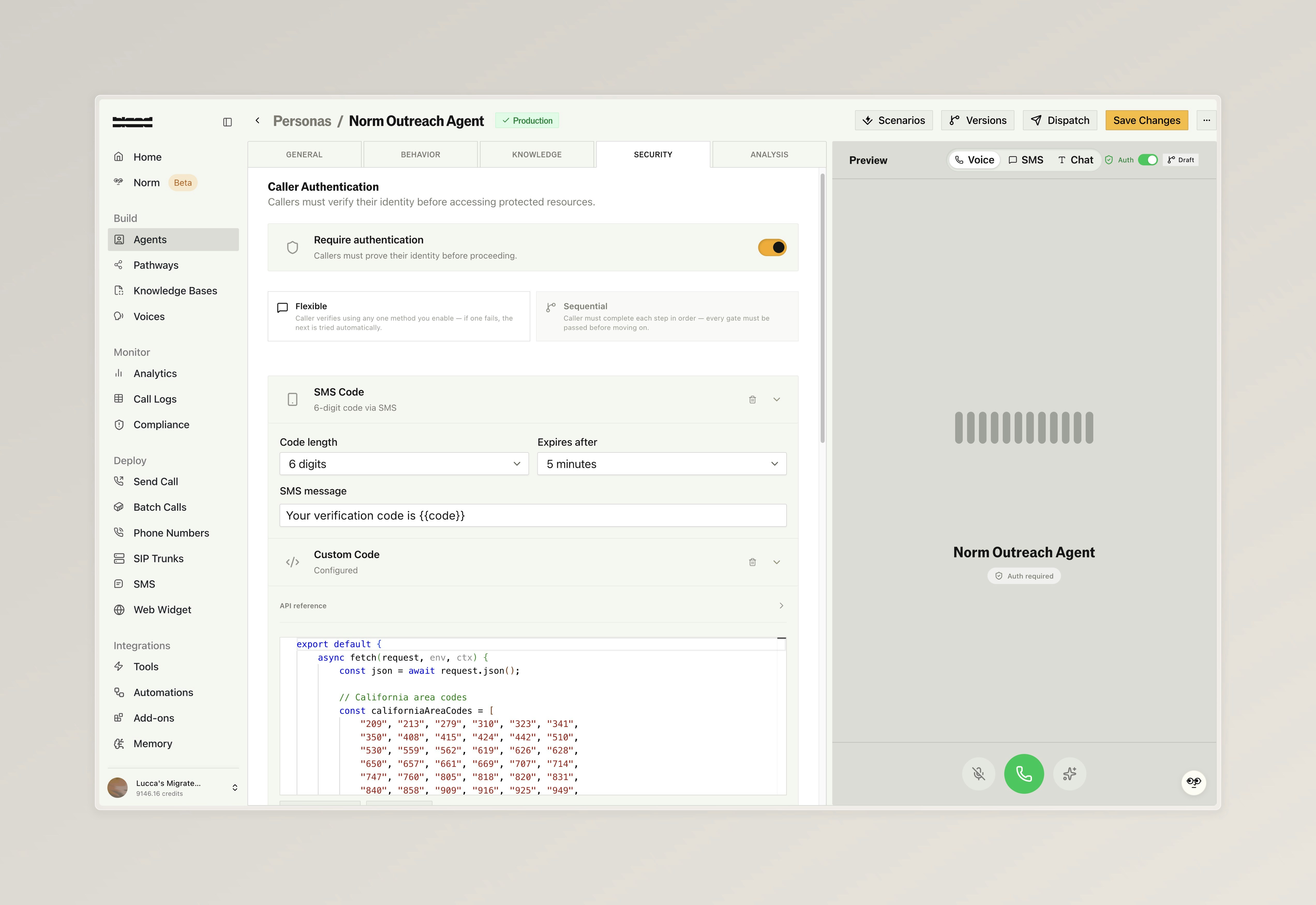 SMS code configuration with code length, expiry, and custom message alongside a custom code editor