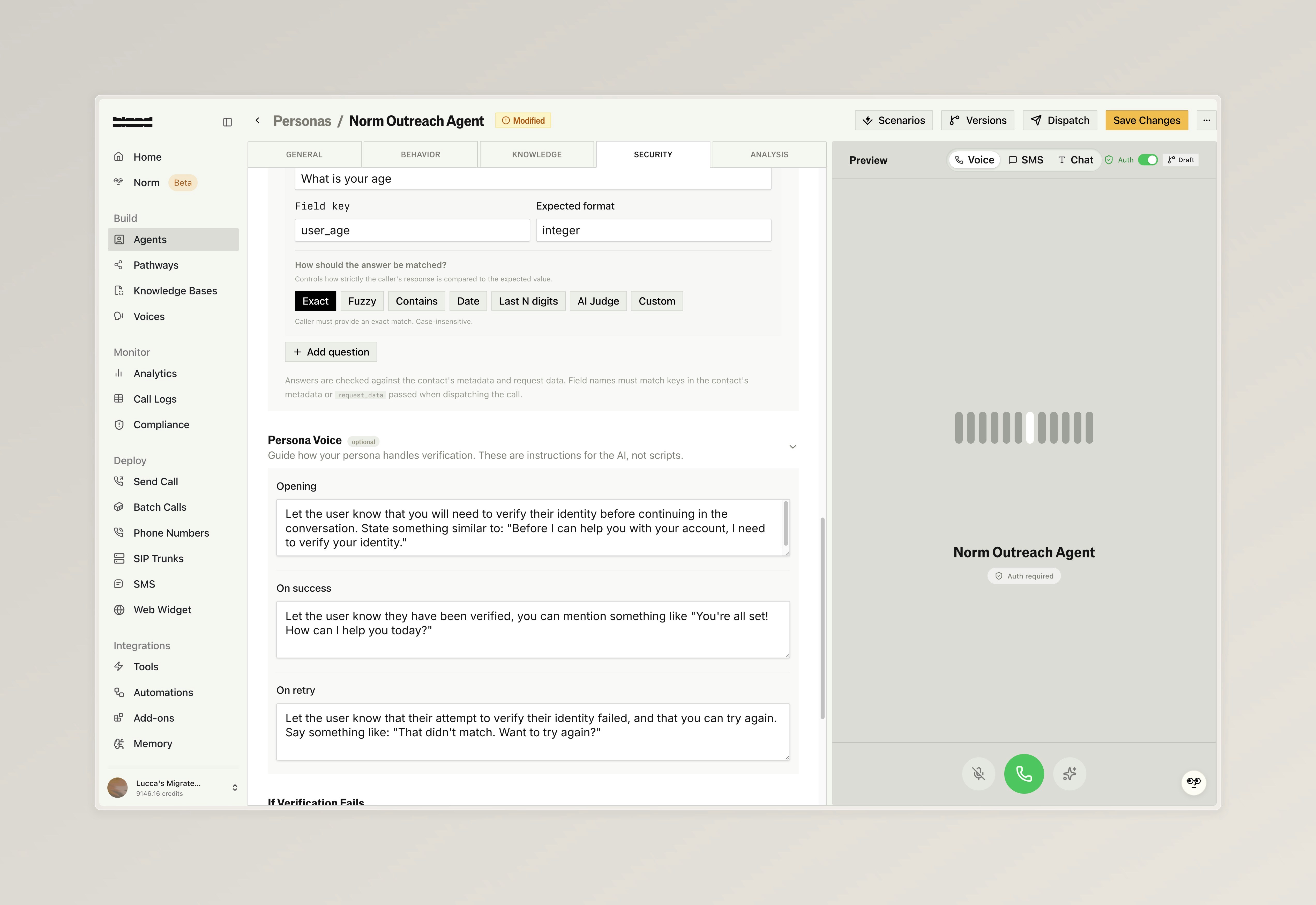Identity question configuration with field key, expected format, validation mode selector, and persona voice prompts