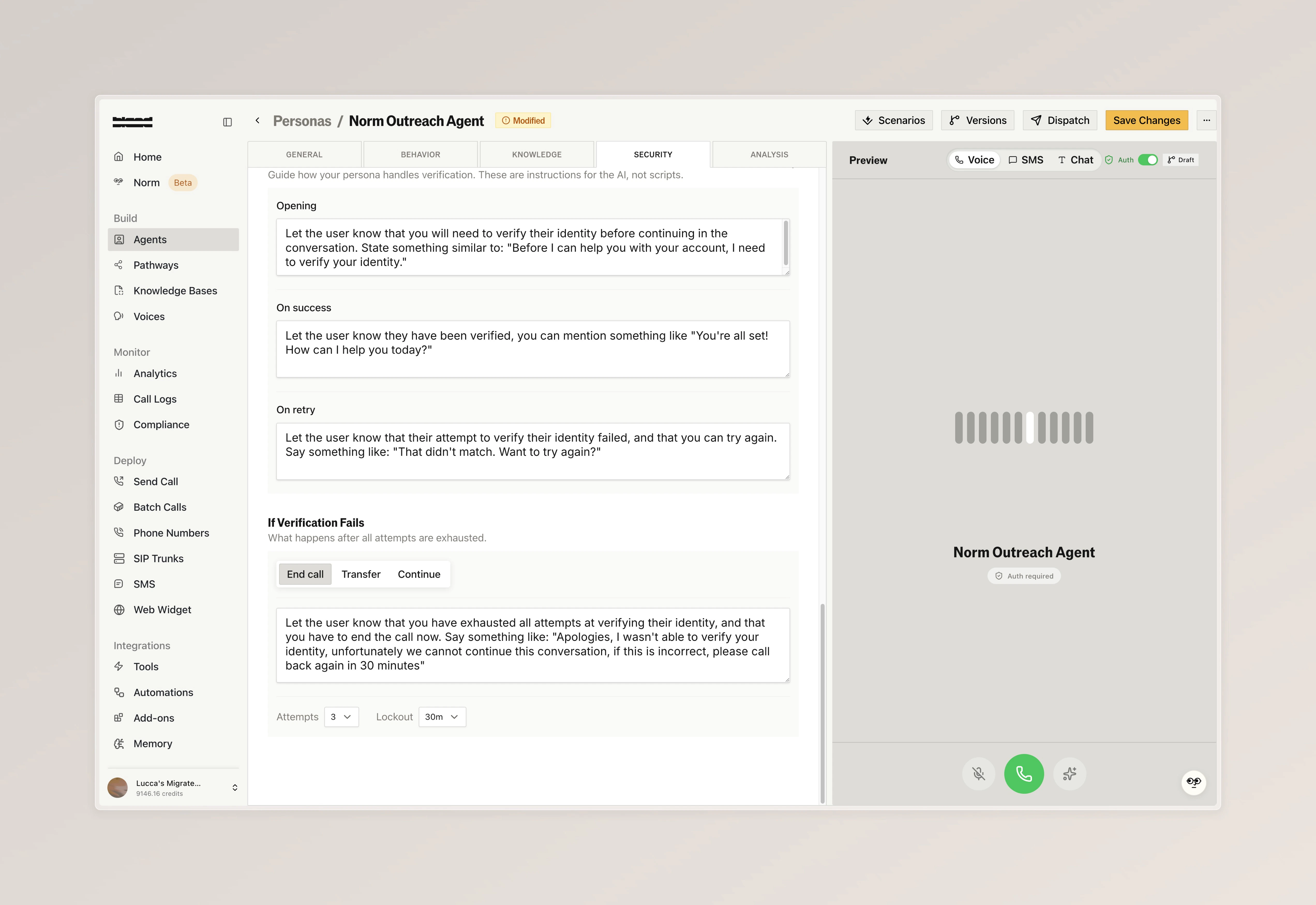 Failure handling settings with retry attempts, cooldown, and end call, transfer, or continue options