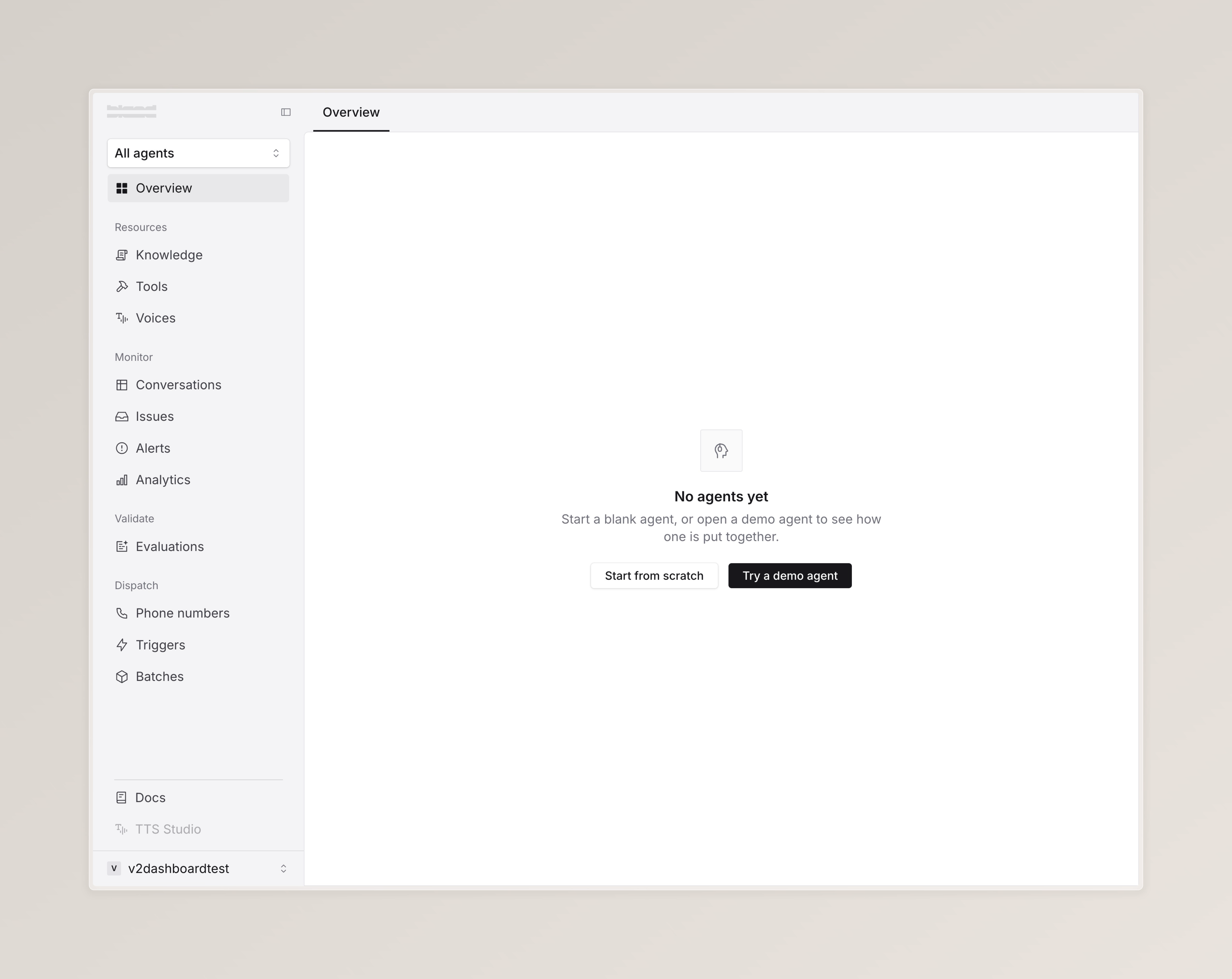 The Bland dashboard on a new account, showing the 'No agents yet' empty state with two buttons: 'Start from scratch' and 'Try a demo agent'.