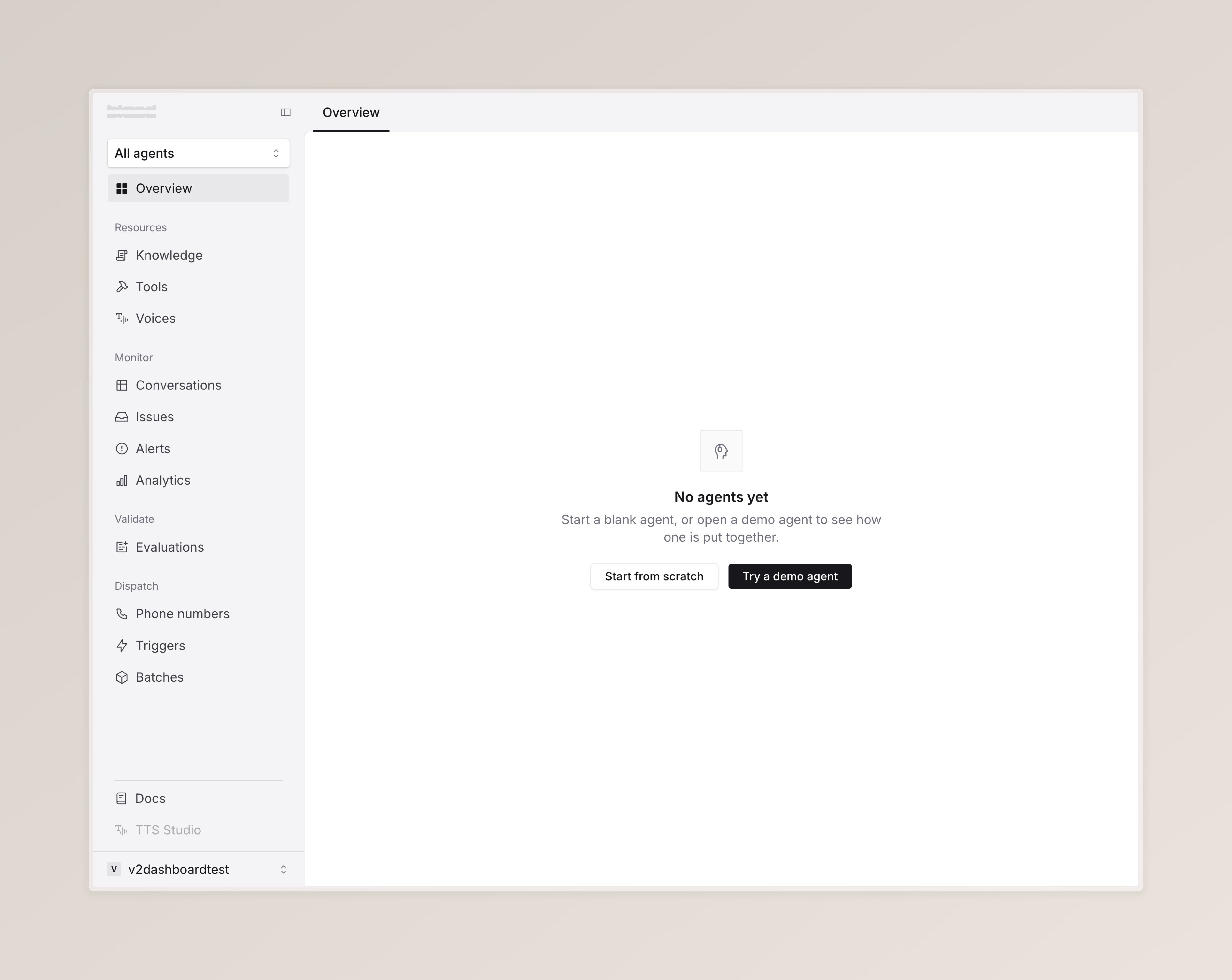 The Bland dashboard on a new account, showing the 'No agents yet' empty state with two buttons: 'Start from scratch' and 'Try a demo agent'.