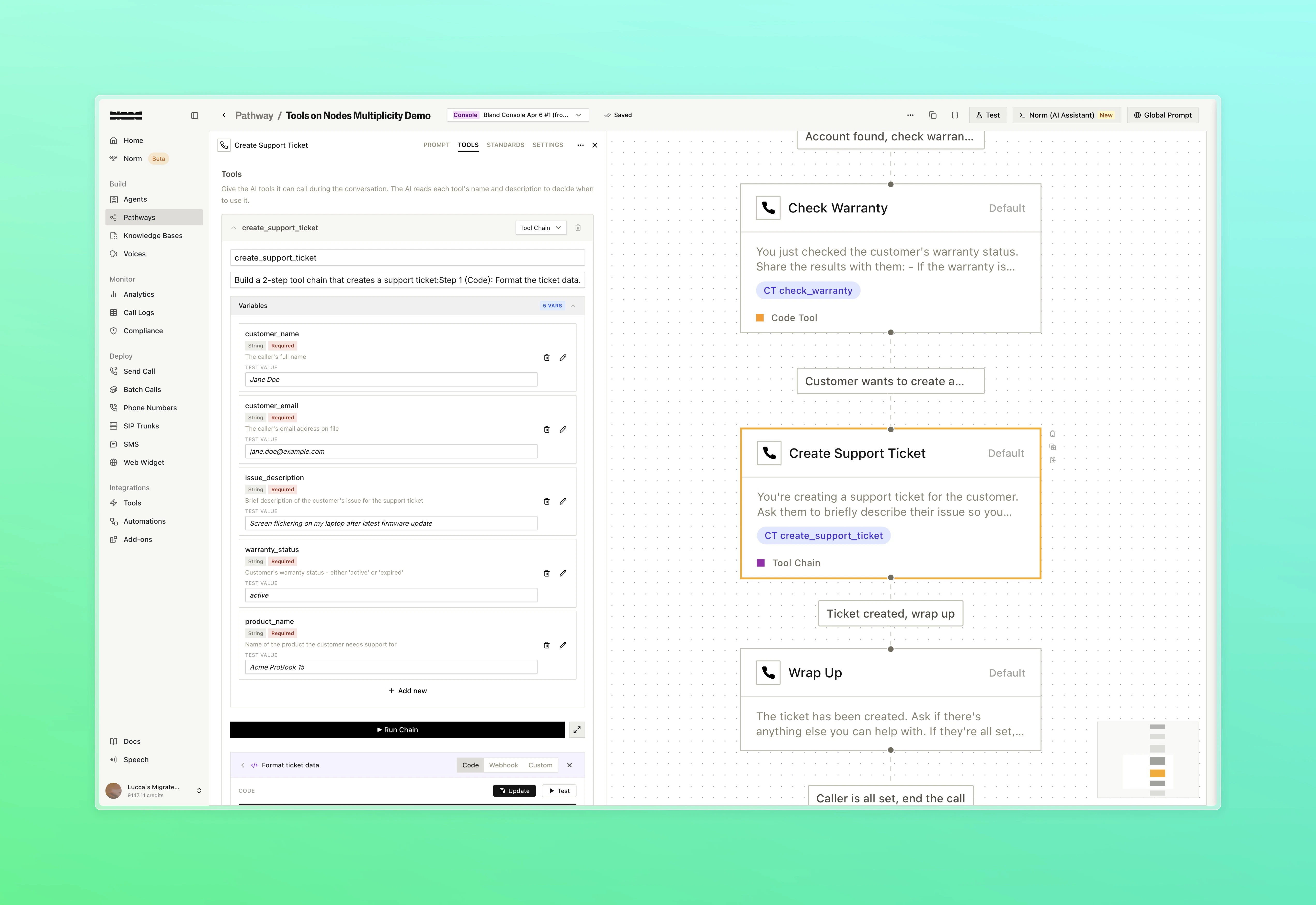 Create Support Ticket node showing tool chain input variable configuration