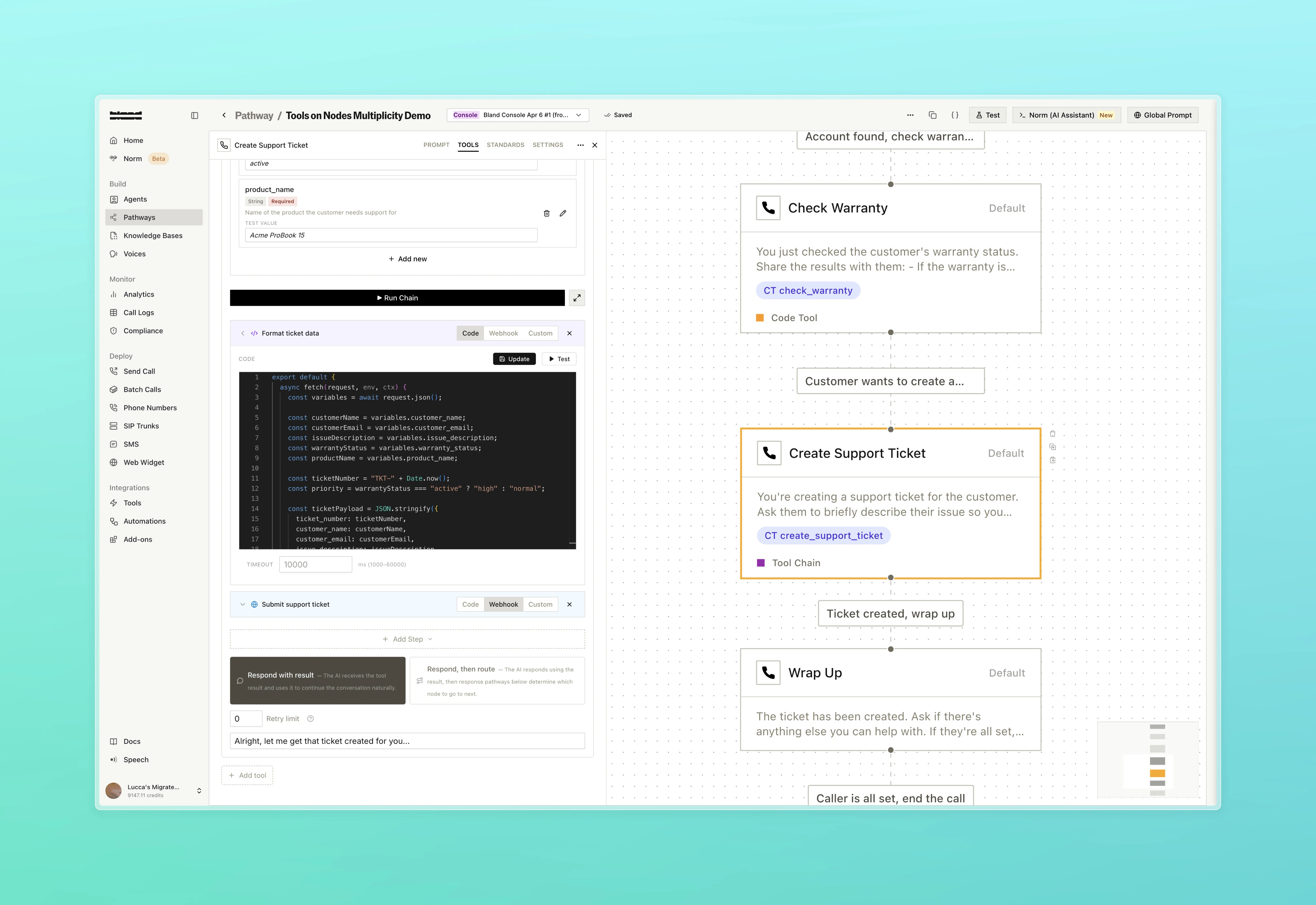Tool chain step 1: Code step that formats the ticket data and generates a ticket number