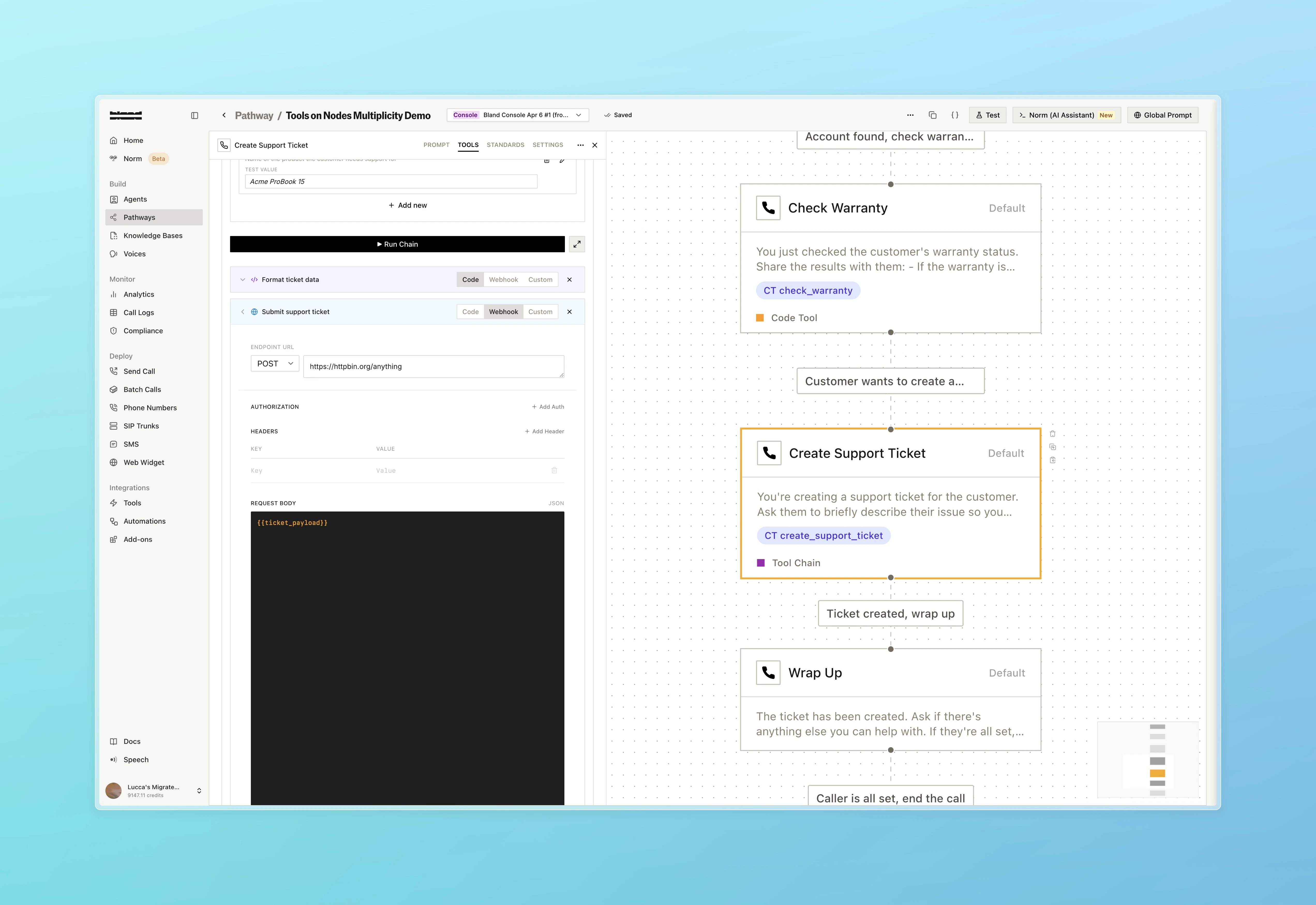 Tool chain step 2: Webhook step that POSTs the ticket payload and extracts the confirmed ticket number