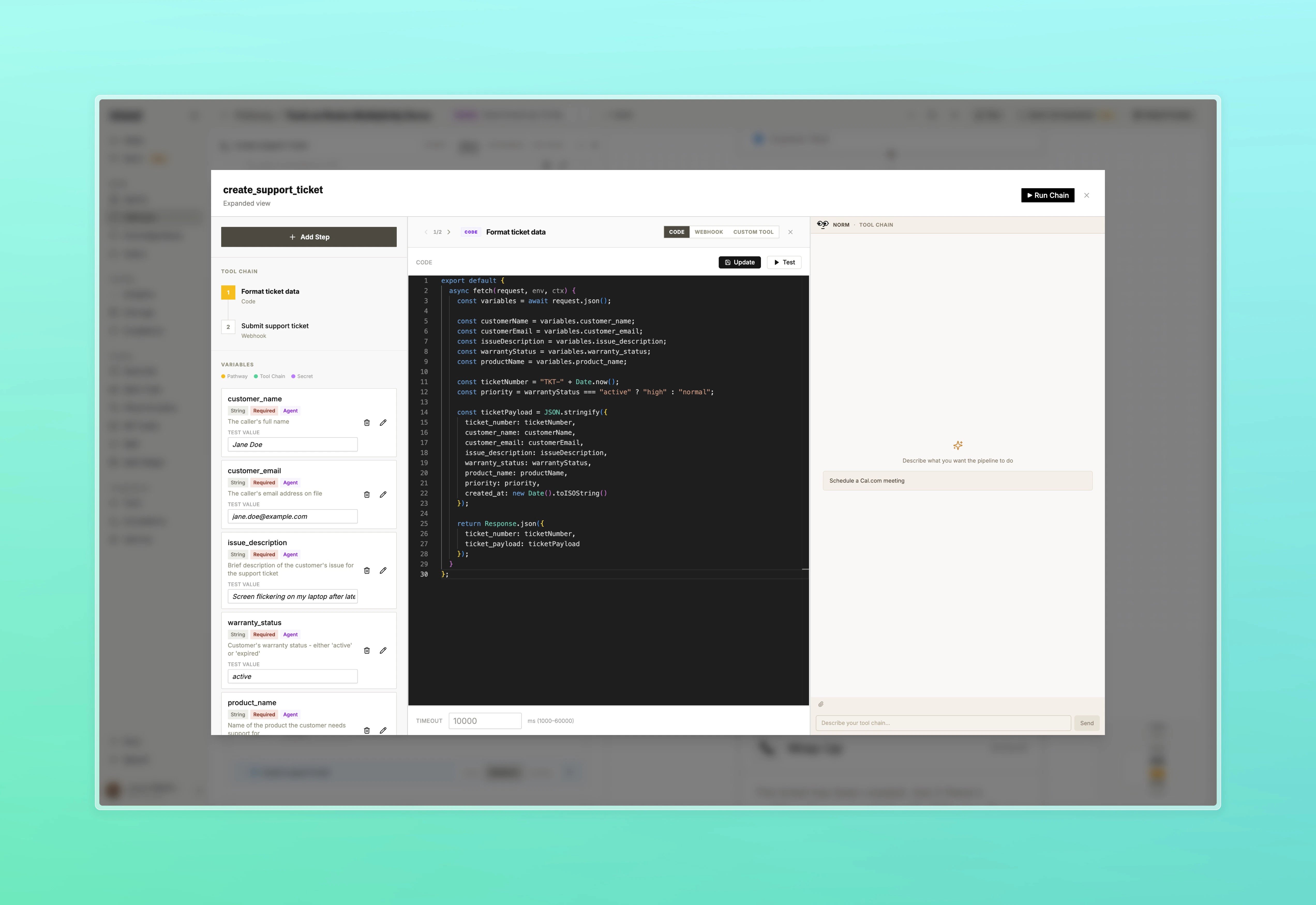 Expanded pipeline builder showing input variables, code editor, and AI chat panel side by side