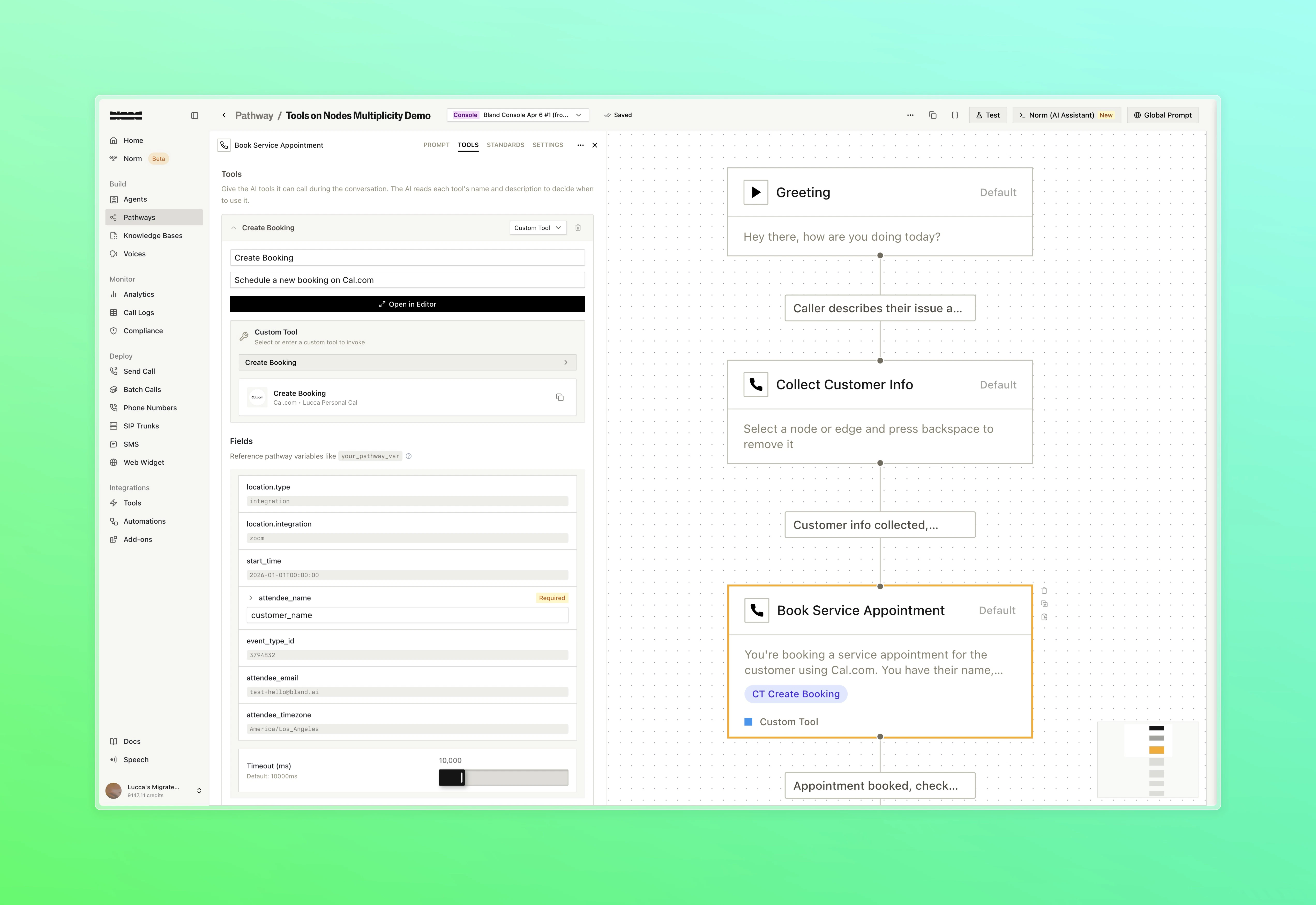 Book Service Appointment node using the Cal.com Create Booking custom tool