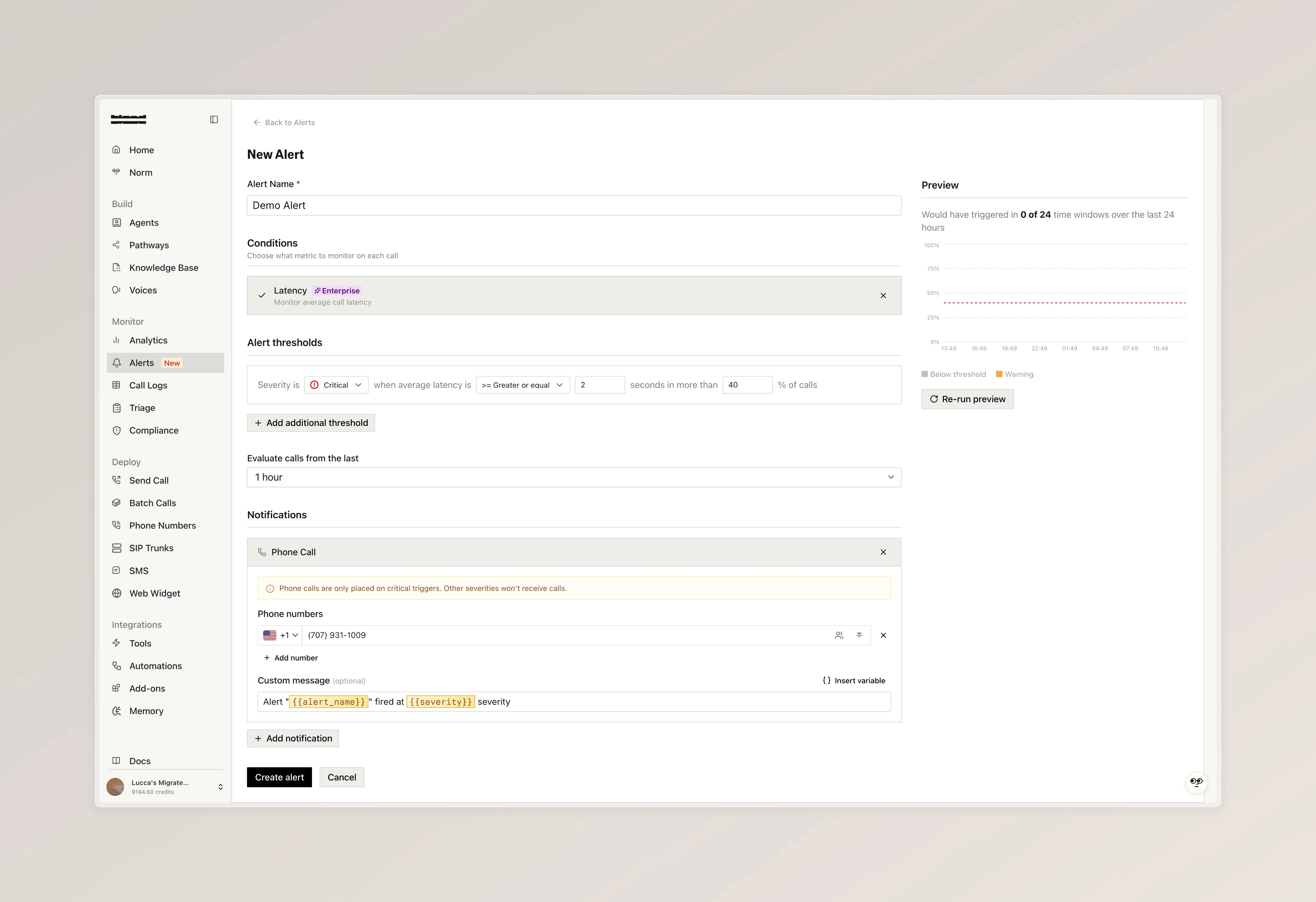 Alerts dashboard listing configured alerts with status and frequency