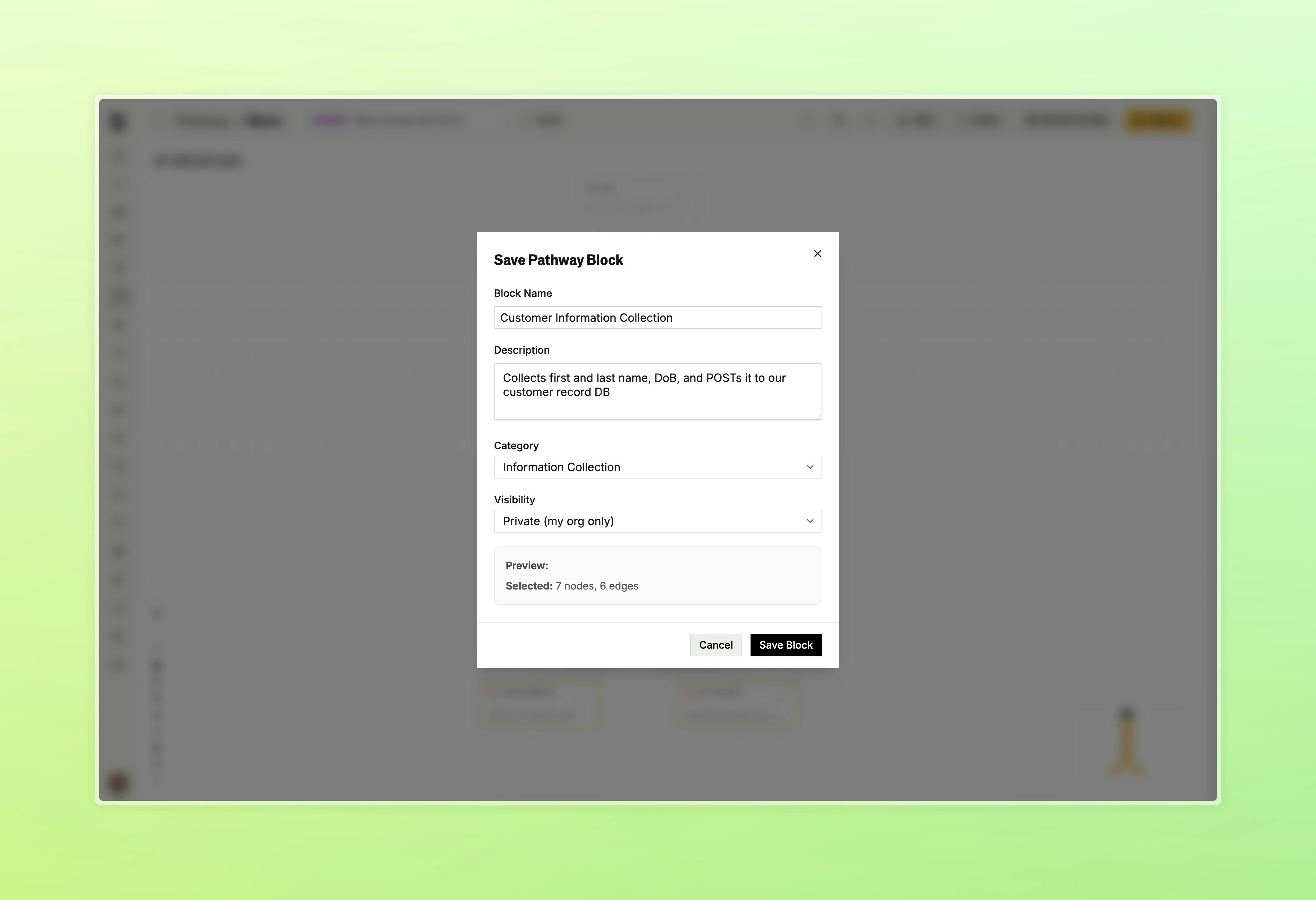 Save pathway block form with name, description, and category fields