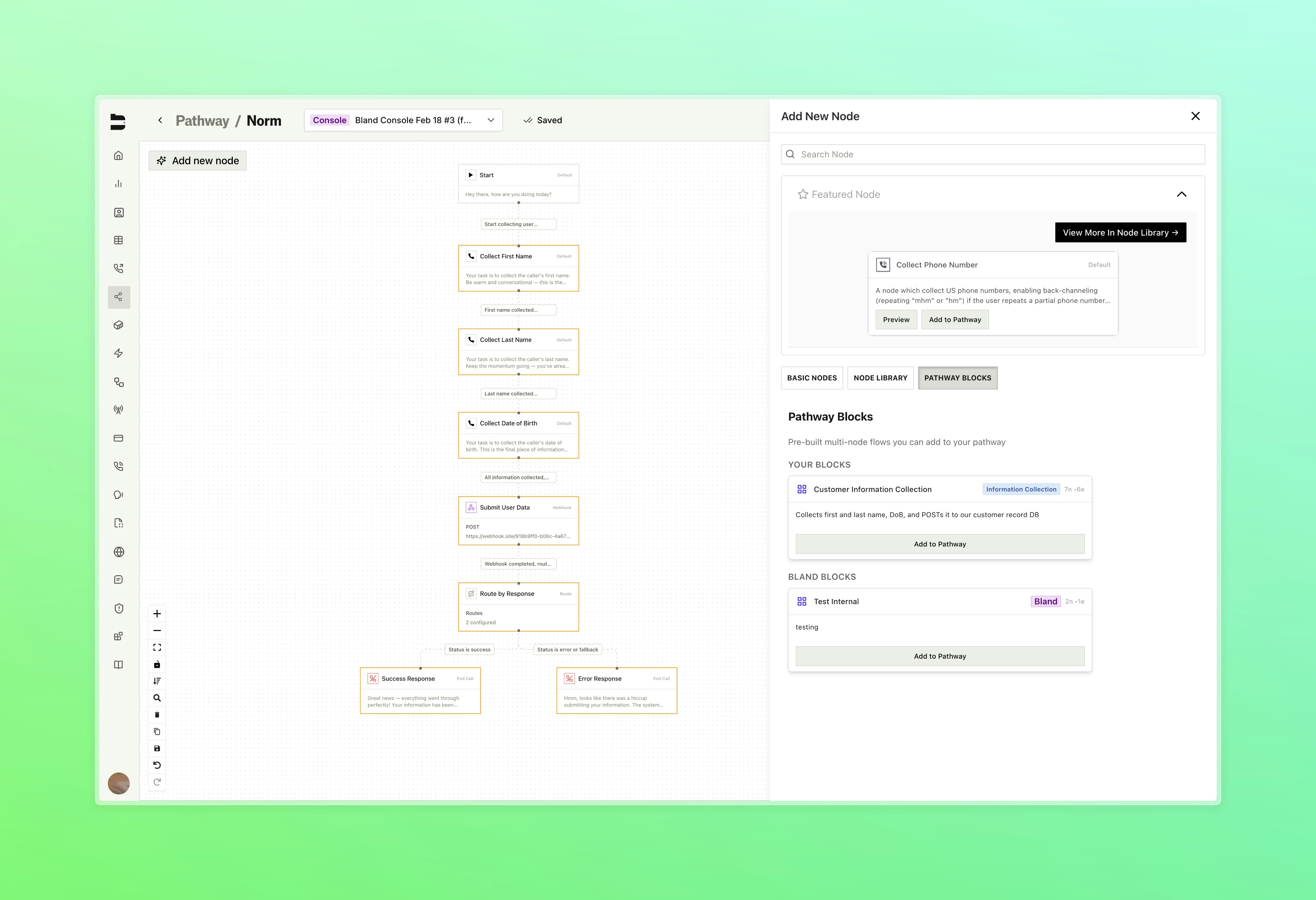Inserting a pathway block onto the canvas