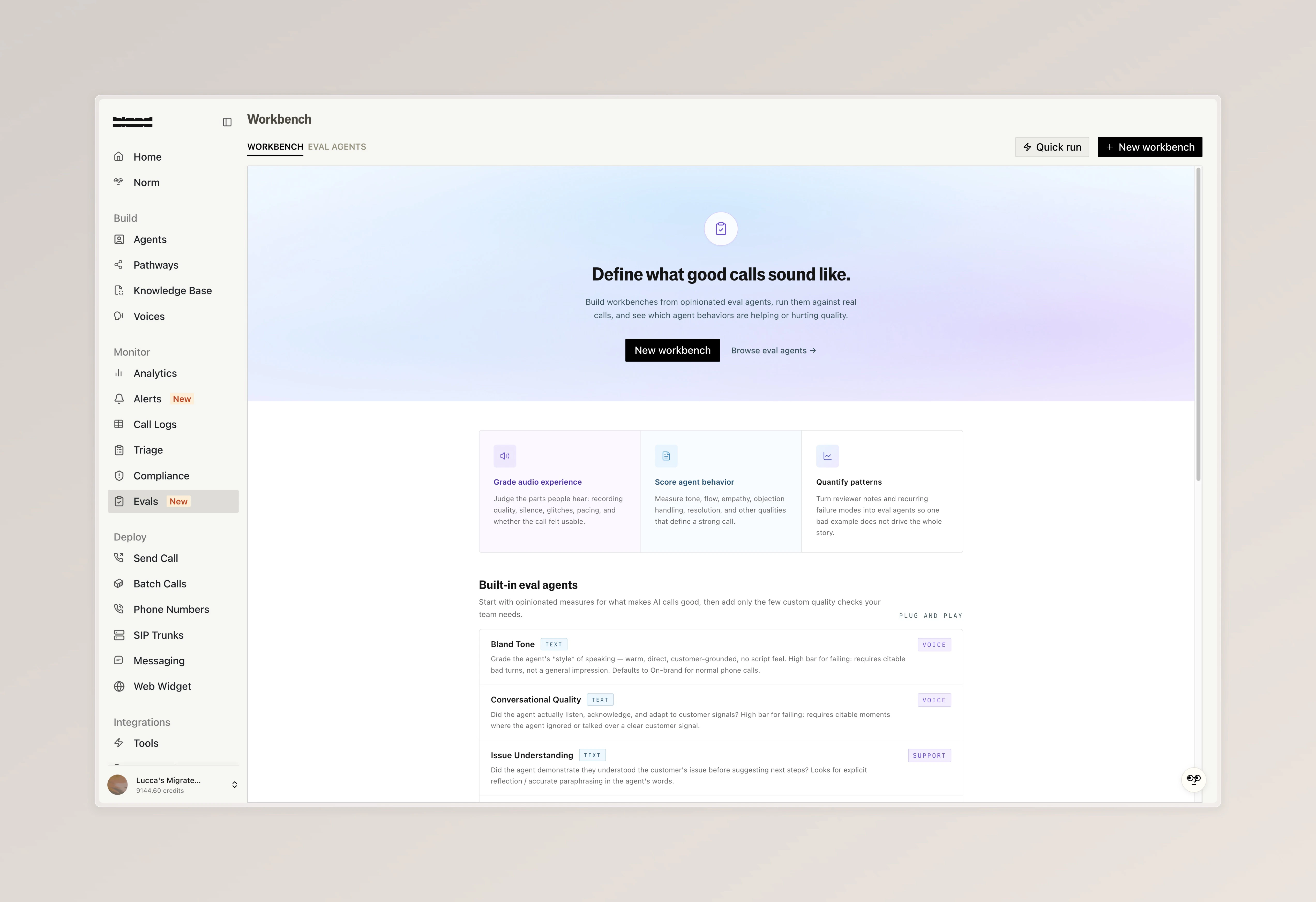 Evals Workbench landing page with built-in eval agent templates