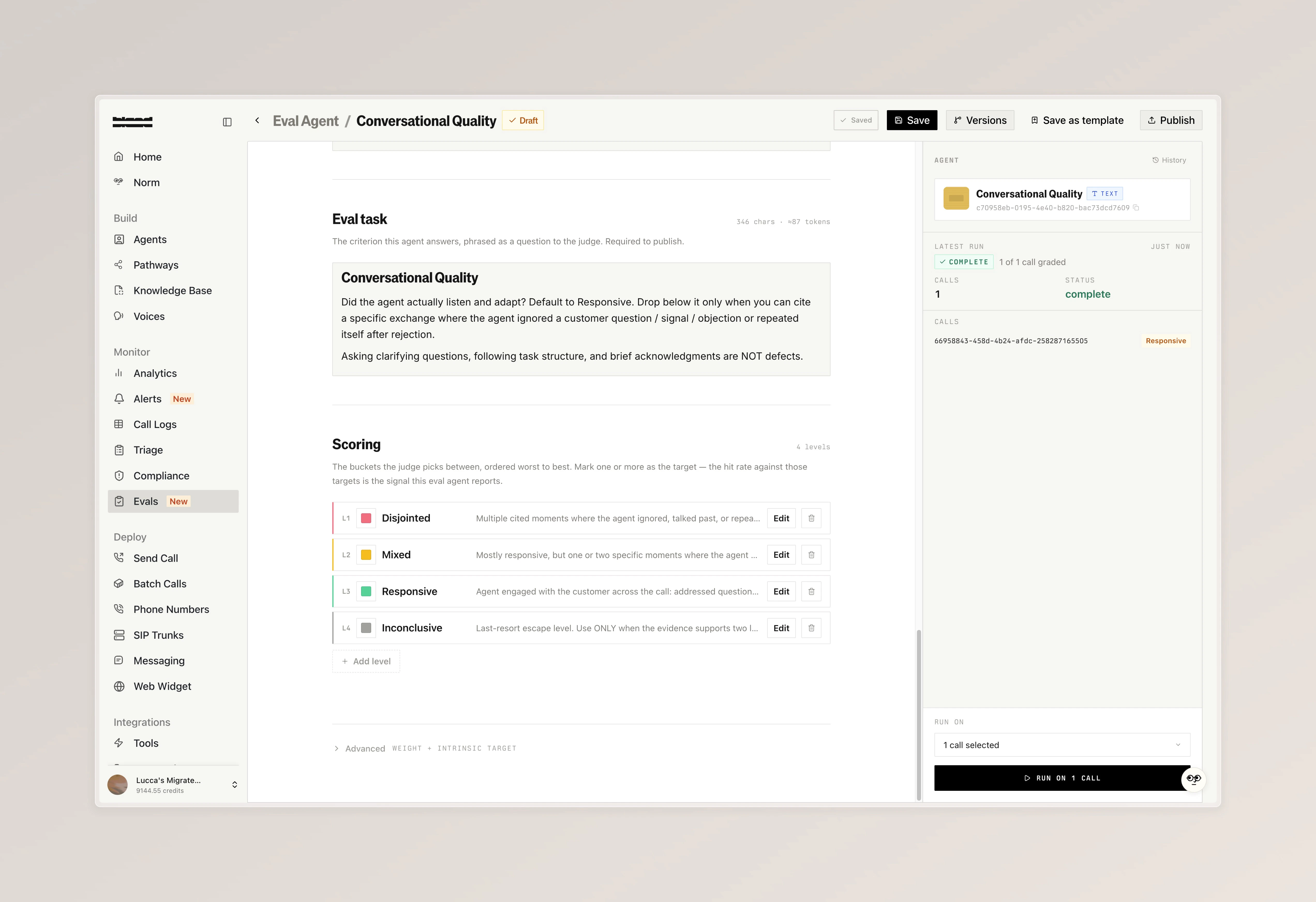 Eval agent scoring with custom levels and run controls