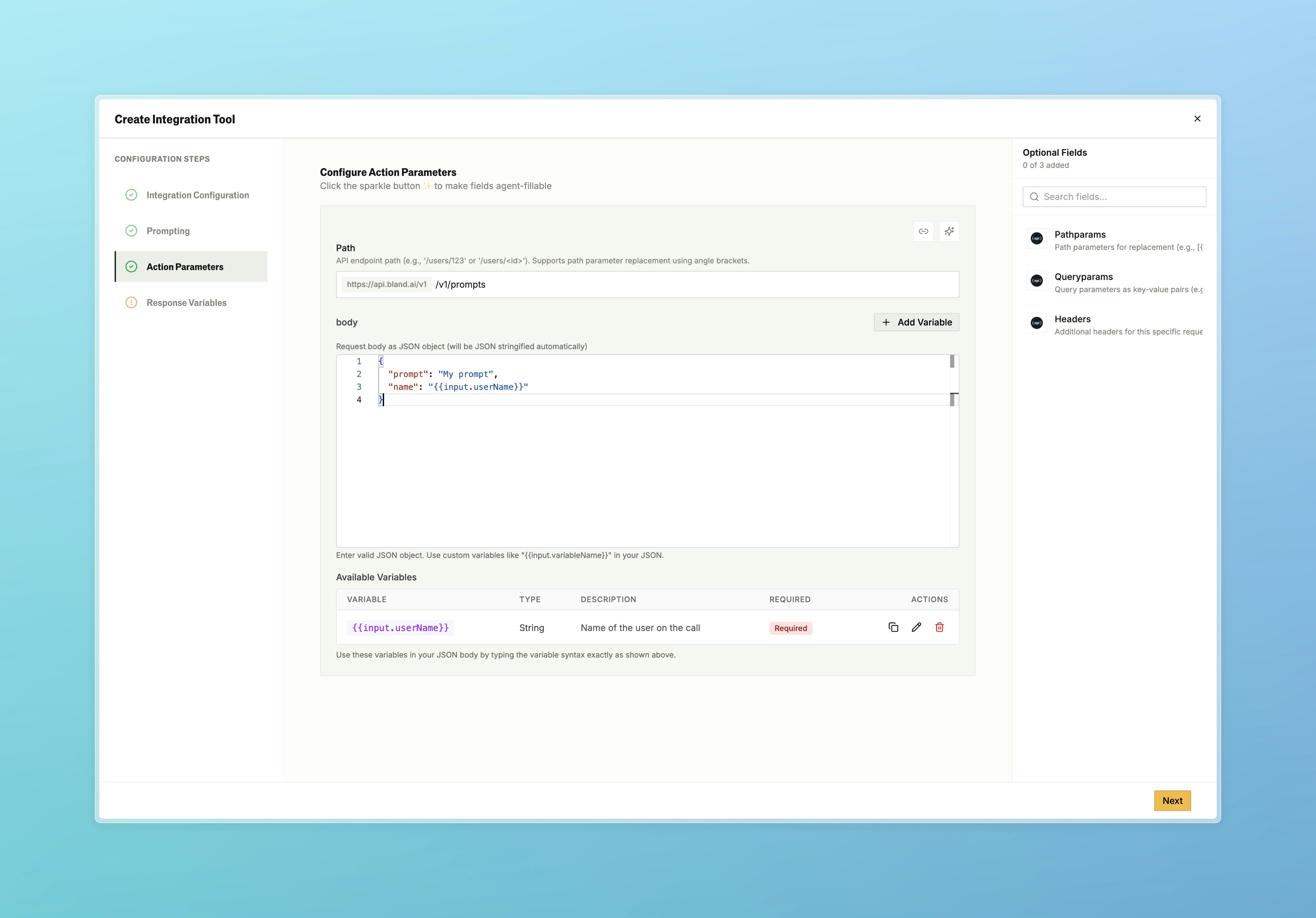 Action Parameters Configuration