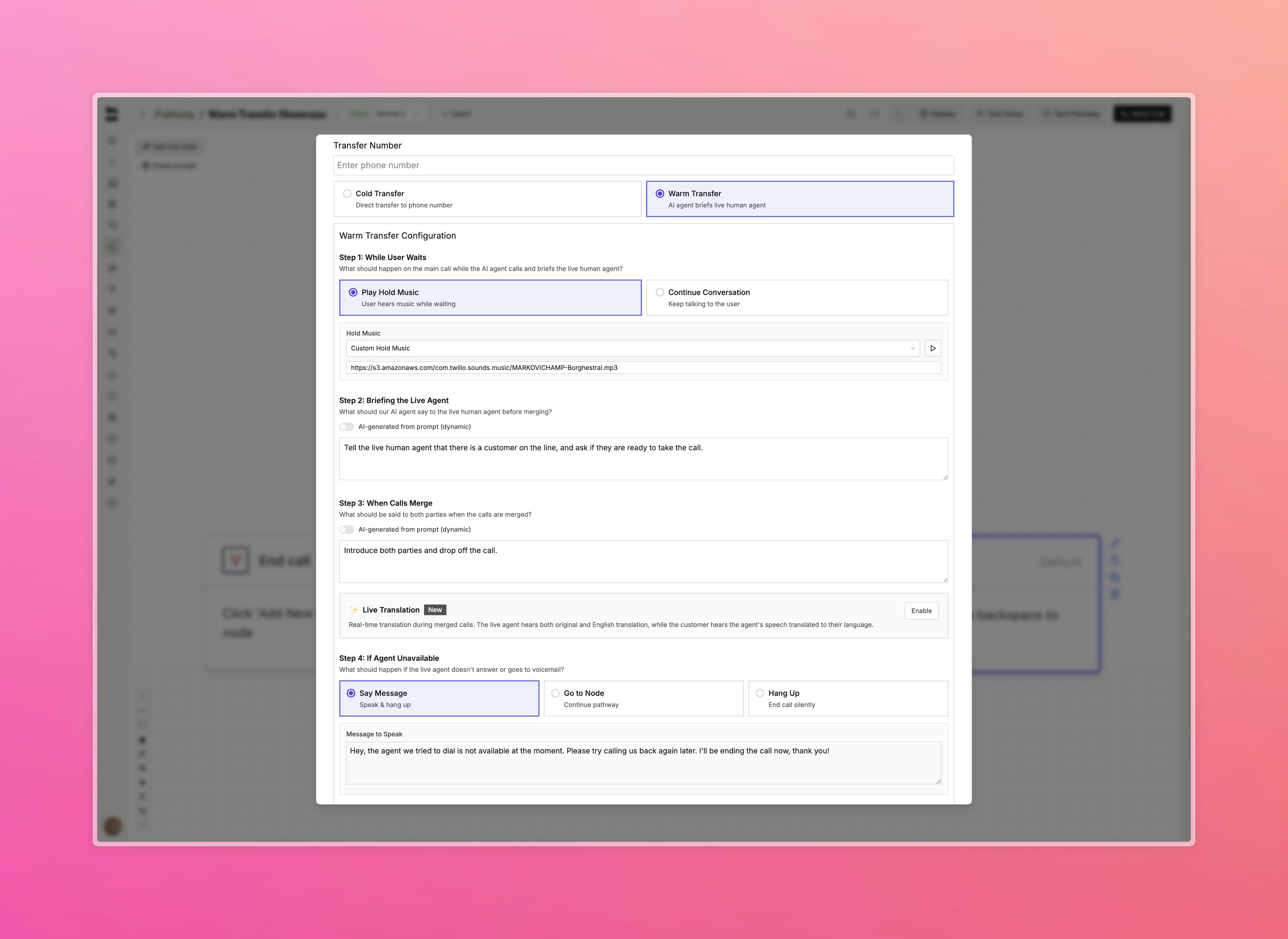 Improved warm transfer node configuration UI