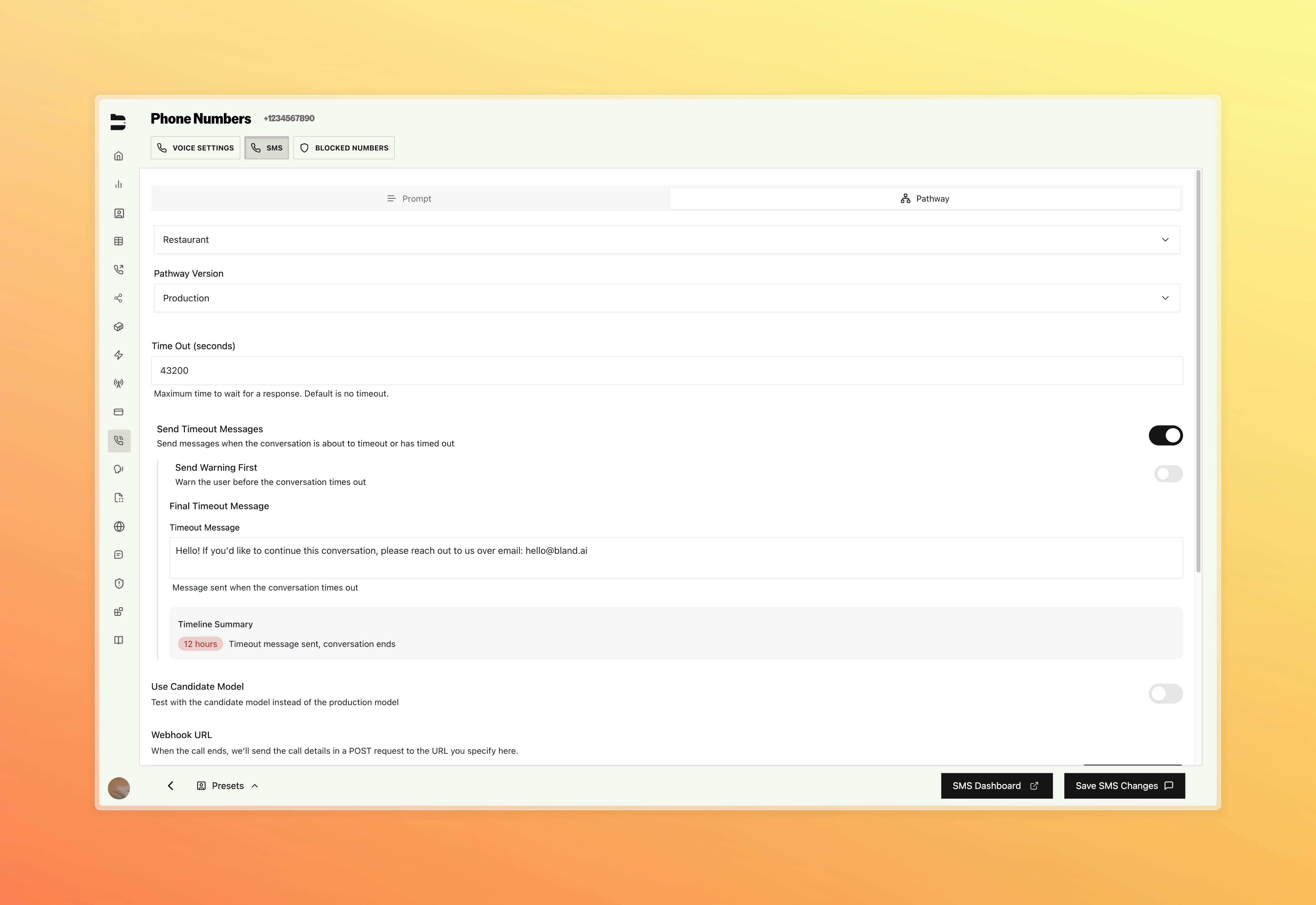 SMS timeout message configuration interface
