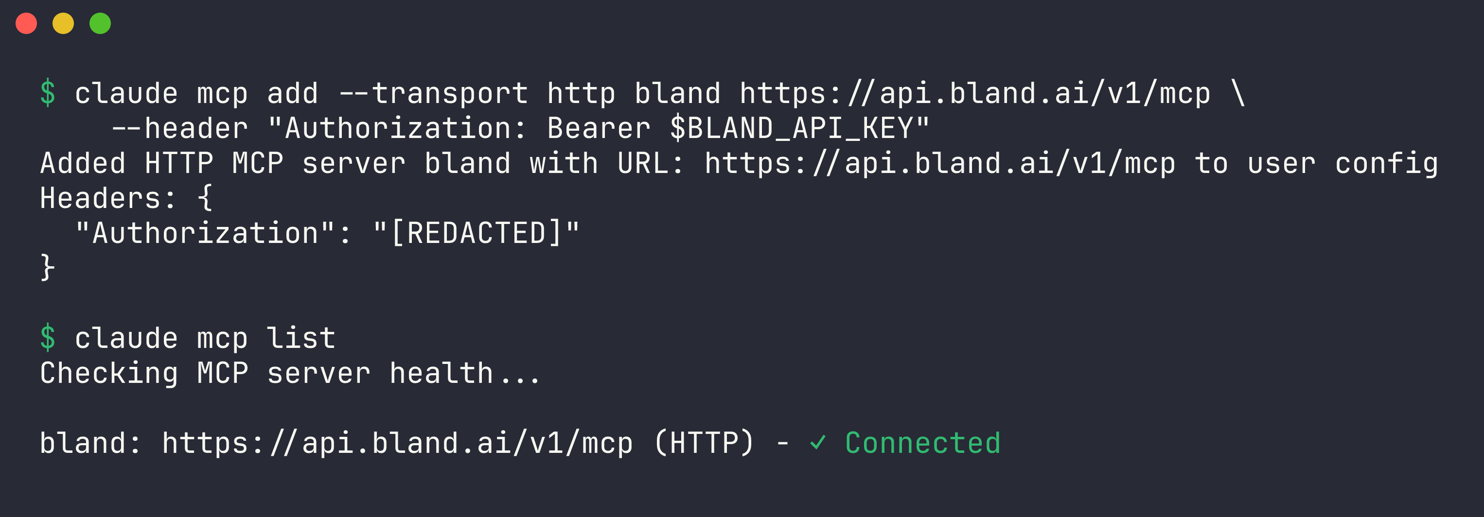 claude mcp list showing the bland server connected