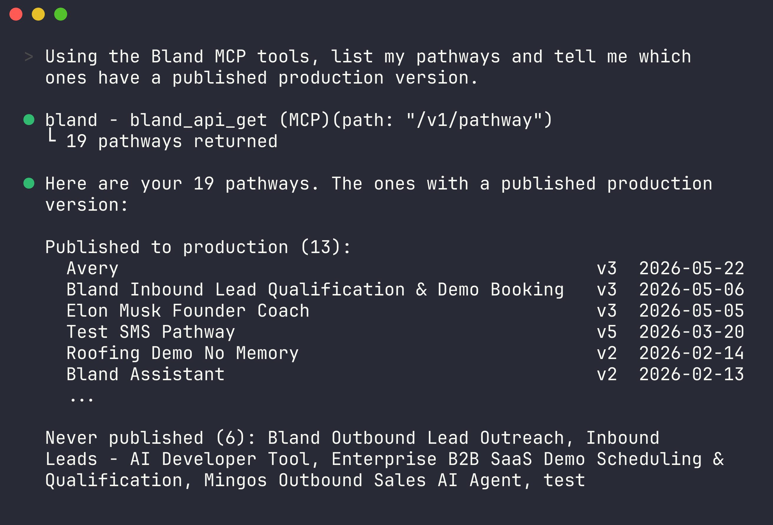 A Claude Code session using the Bland MCP to list pathways and report which have a published production version
