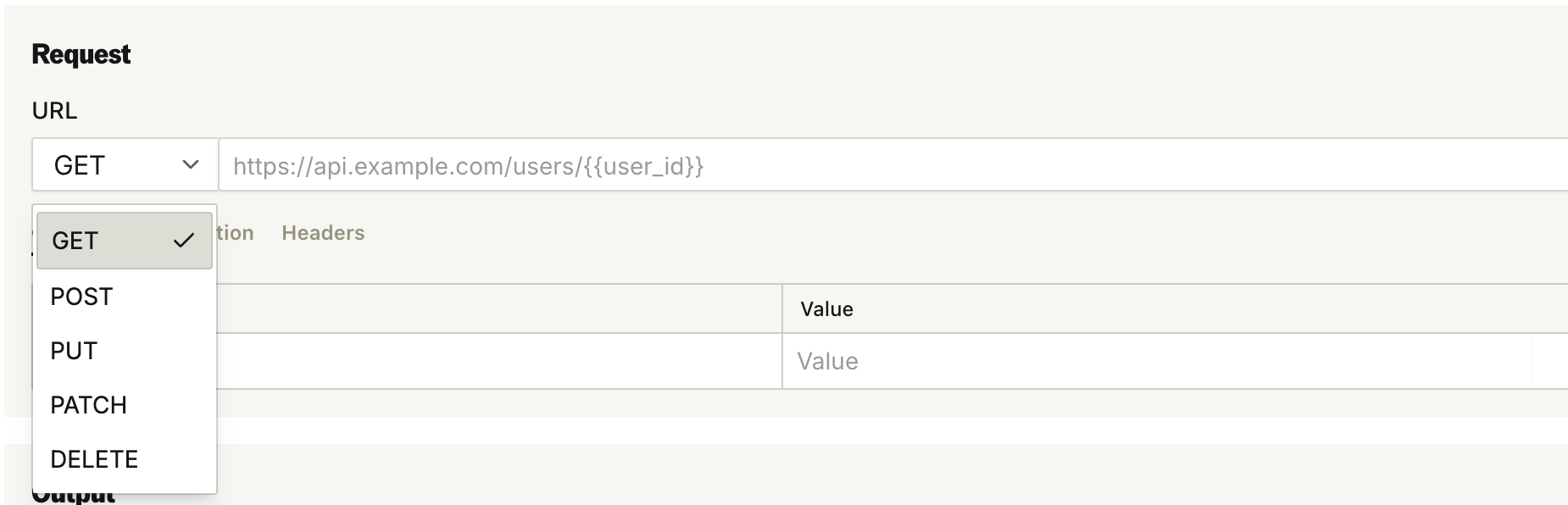 Custom API tool request method dropdown showing GET, POST, PUT, PATCH, and DELETE
