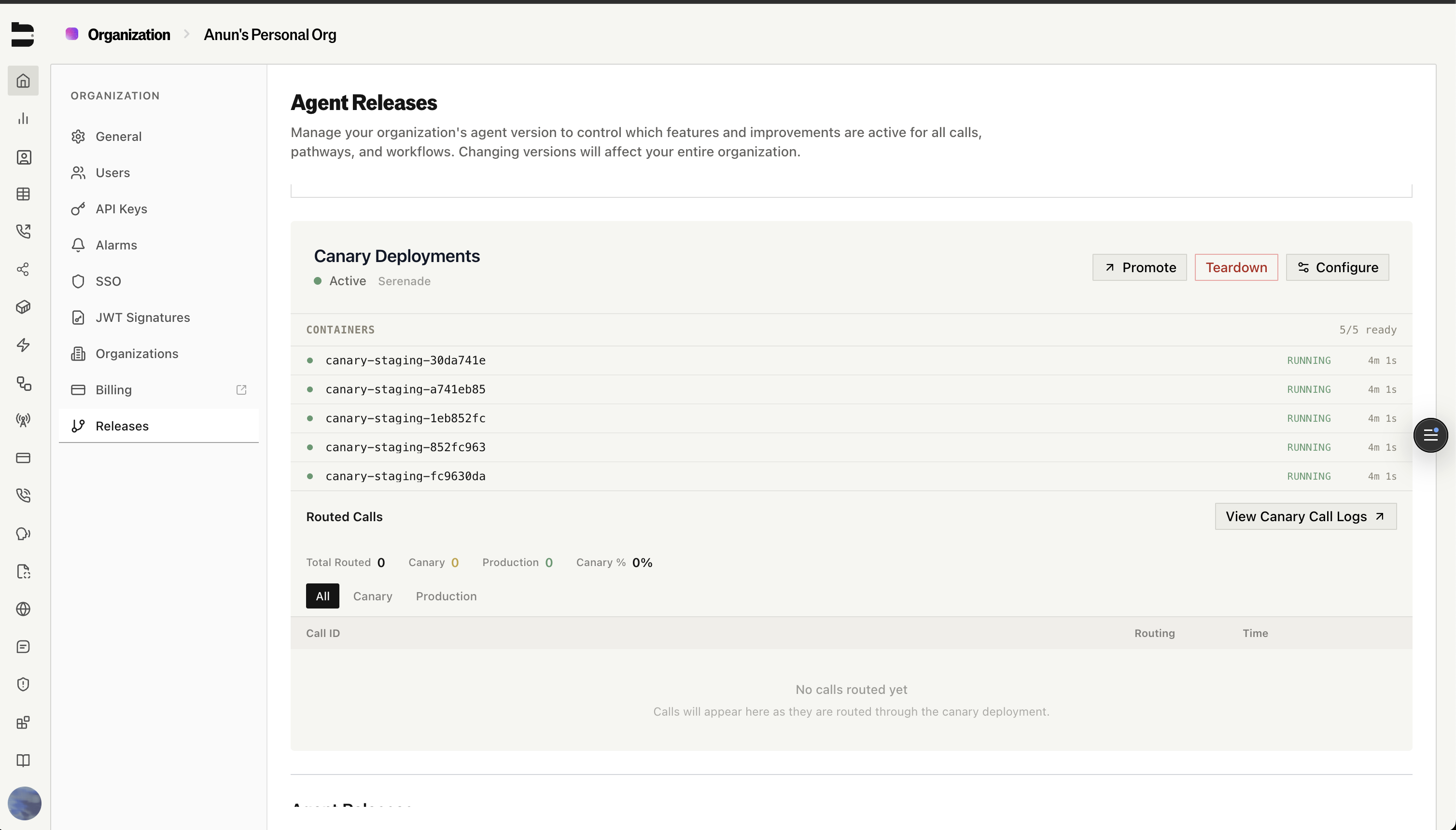 Canary Deployments panel showing active canary with running containers