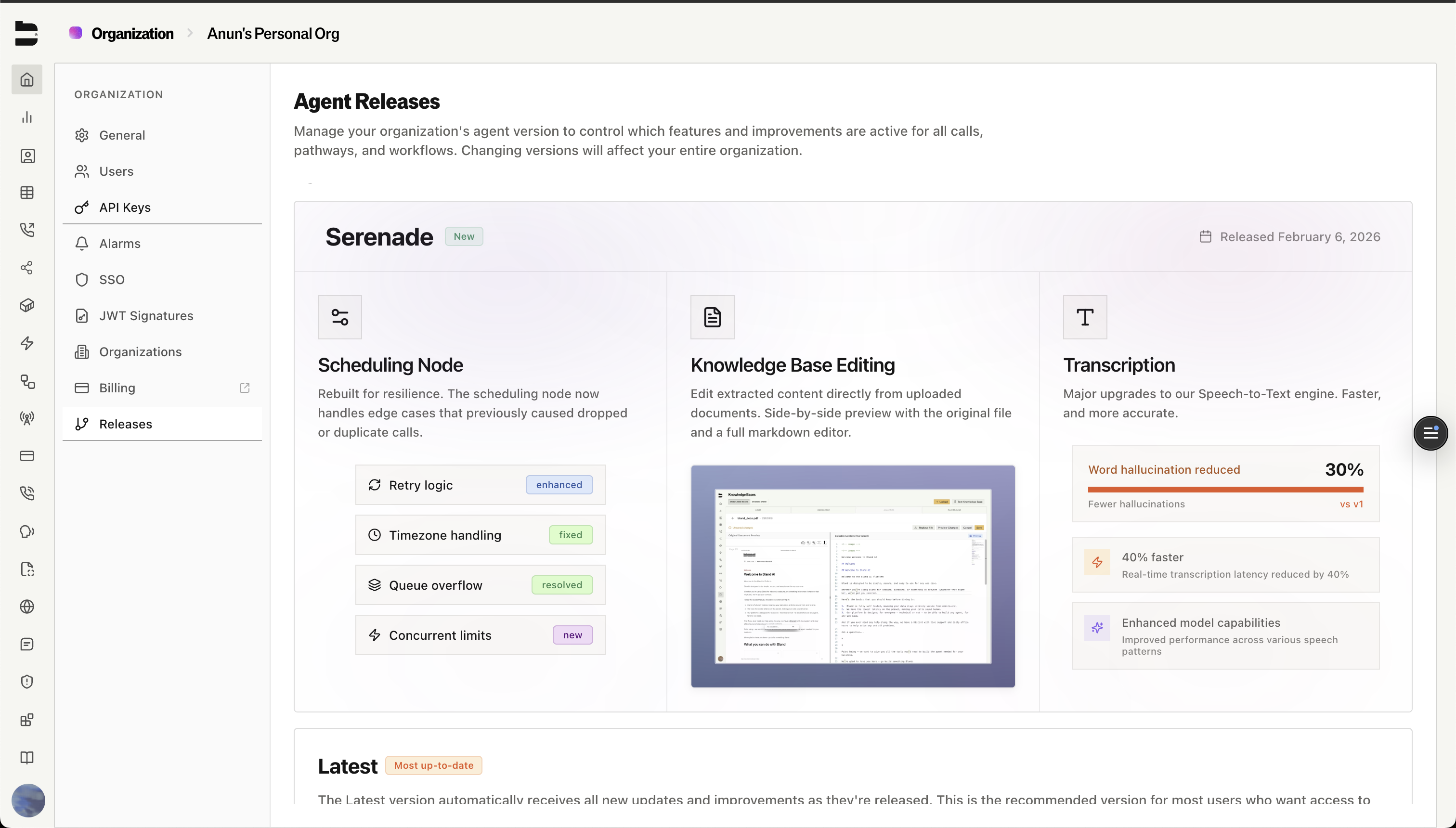 Agent Releases page showing the Serenade release with feature improvements