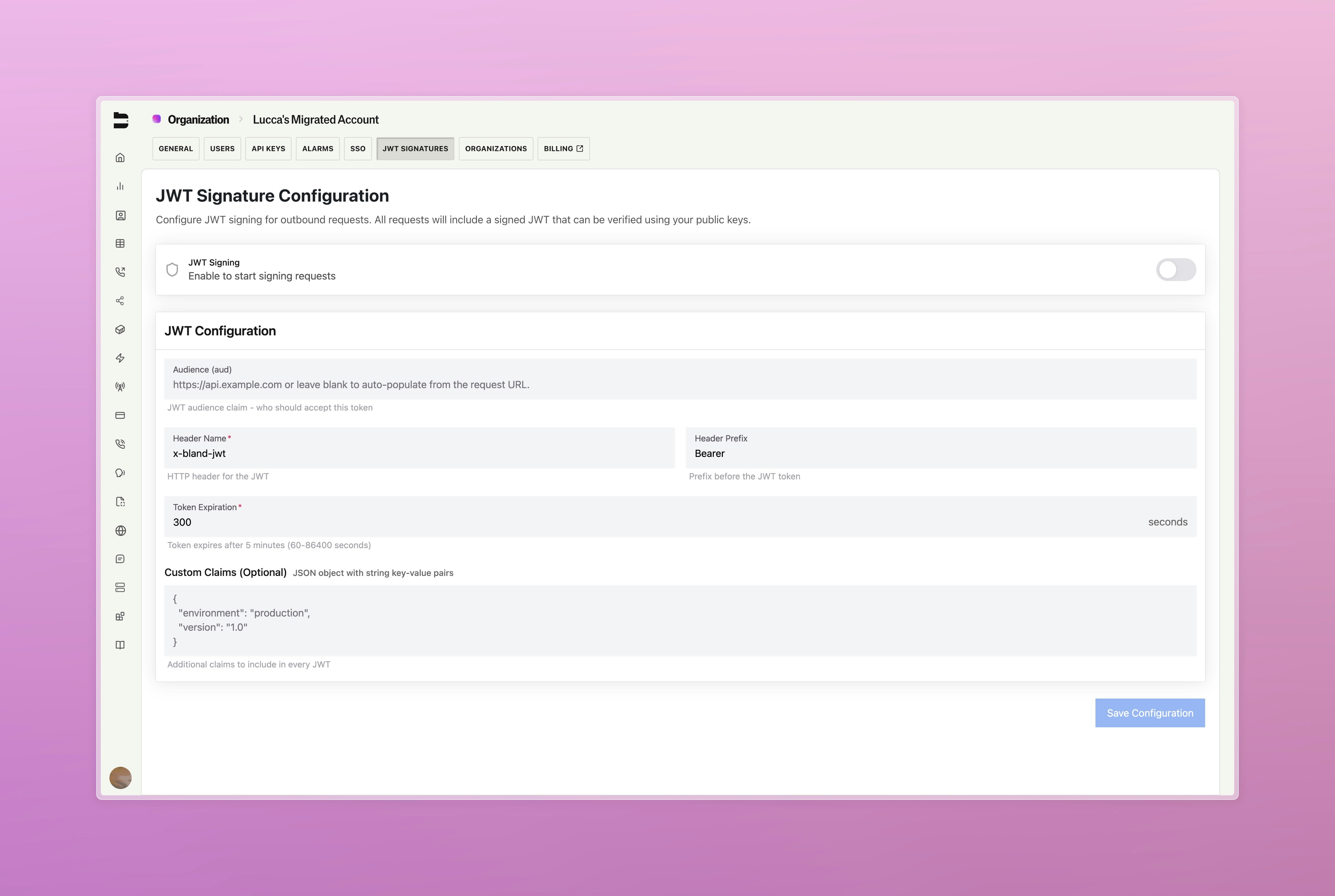 JWT Signature Configuration Interface