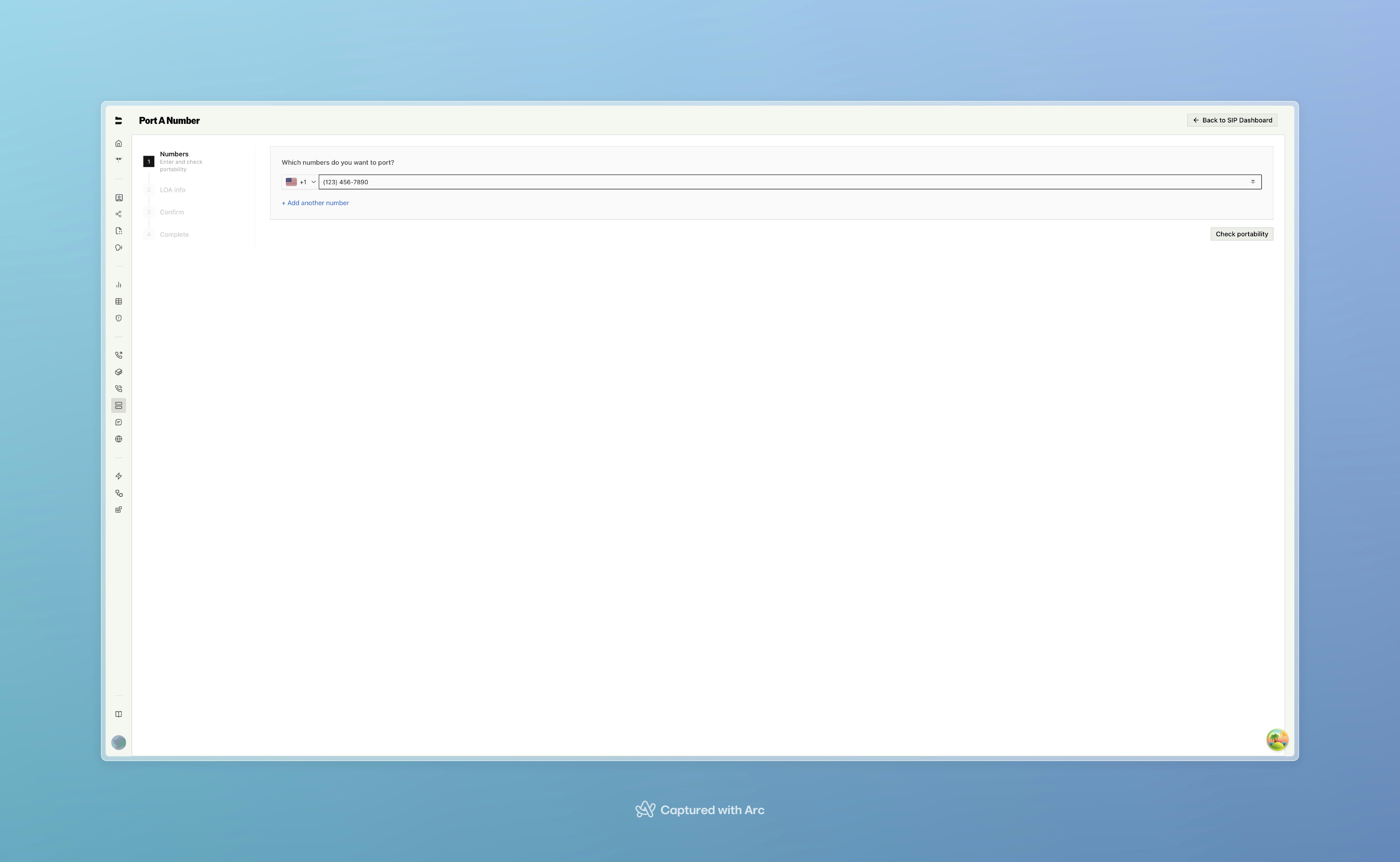 Number porting wizard showing phone number input and portability check