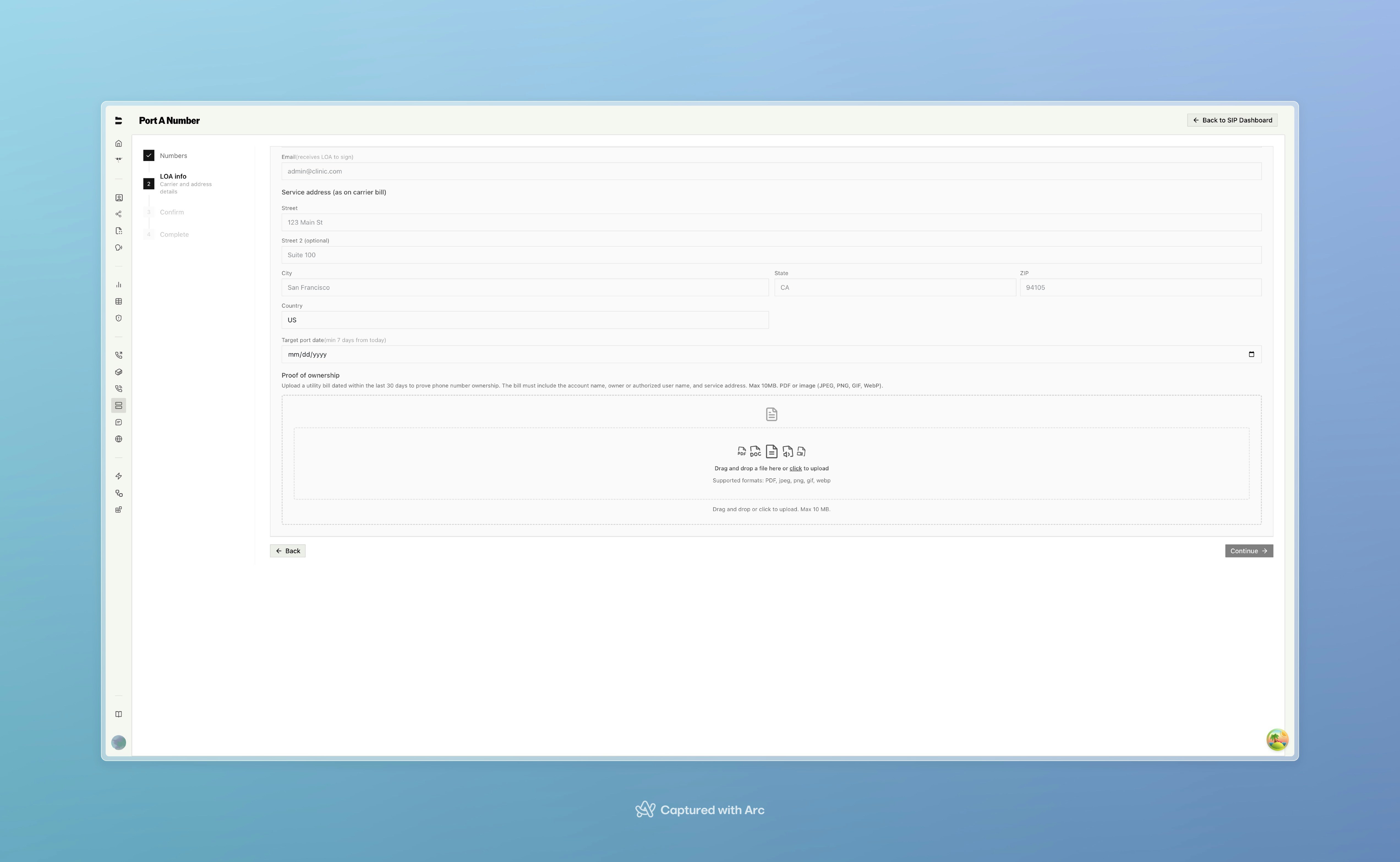 Number porting LOA form showing carrier details, service address, target port date, and proof of ownership upload