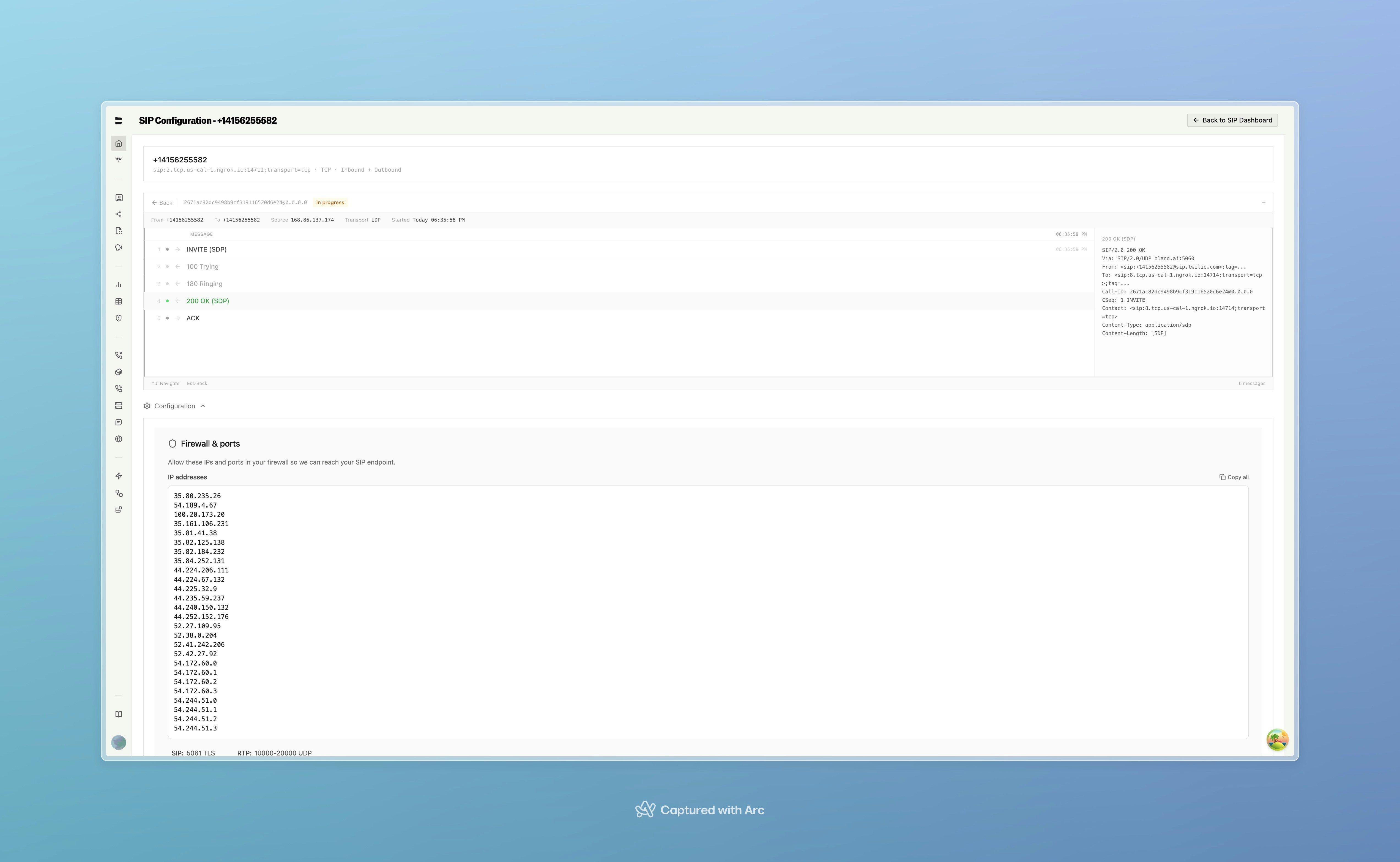SIP Configuration details page showing call trace, firewall IPs, and port configuration