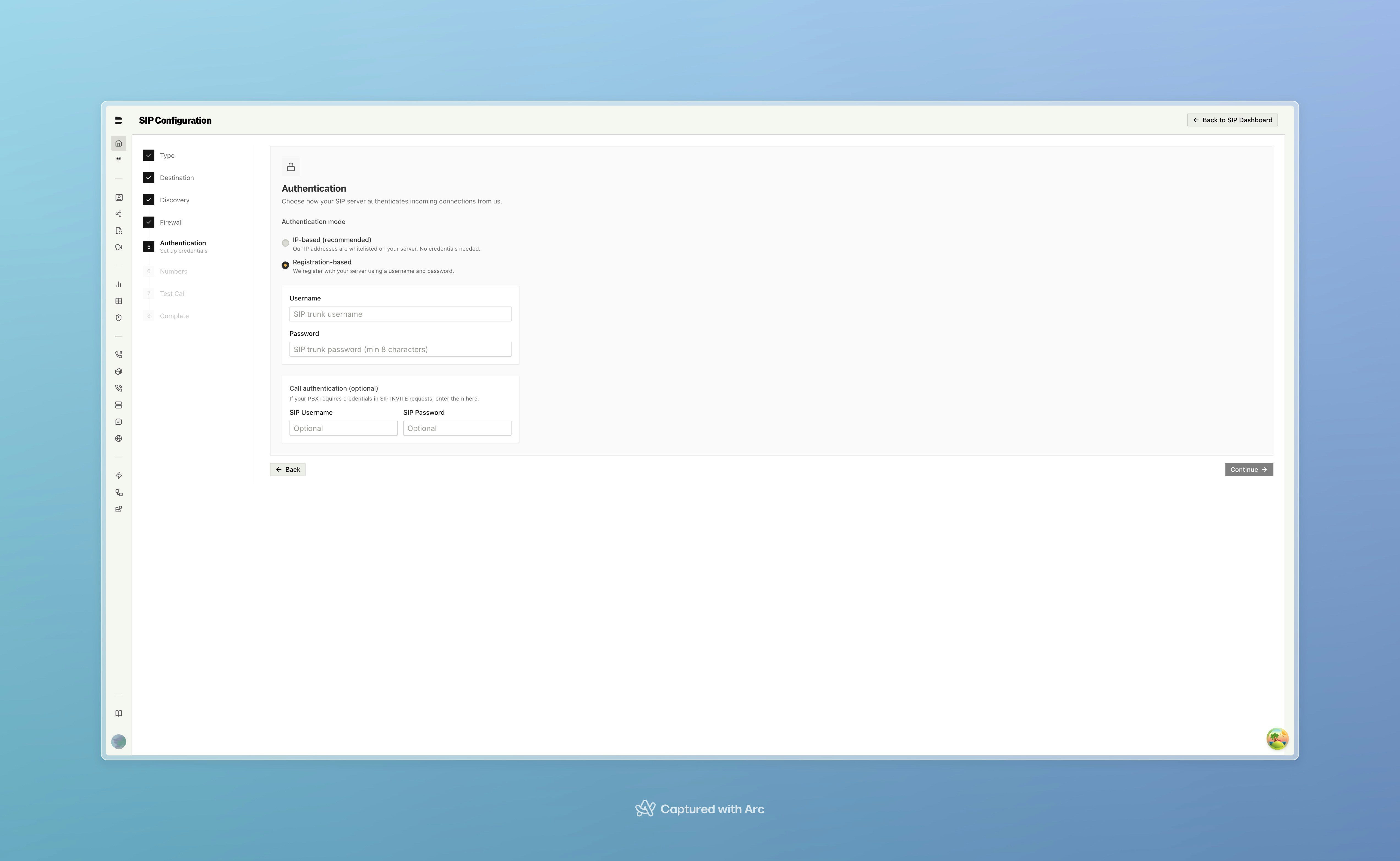SIP Wizard authentication step showing IP-based and registration-based auth options