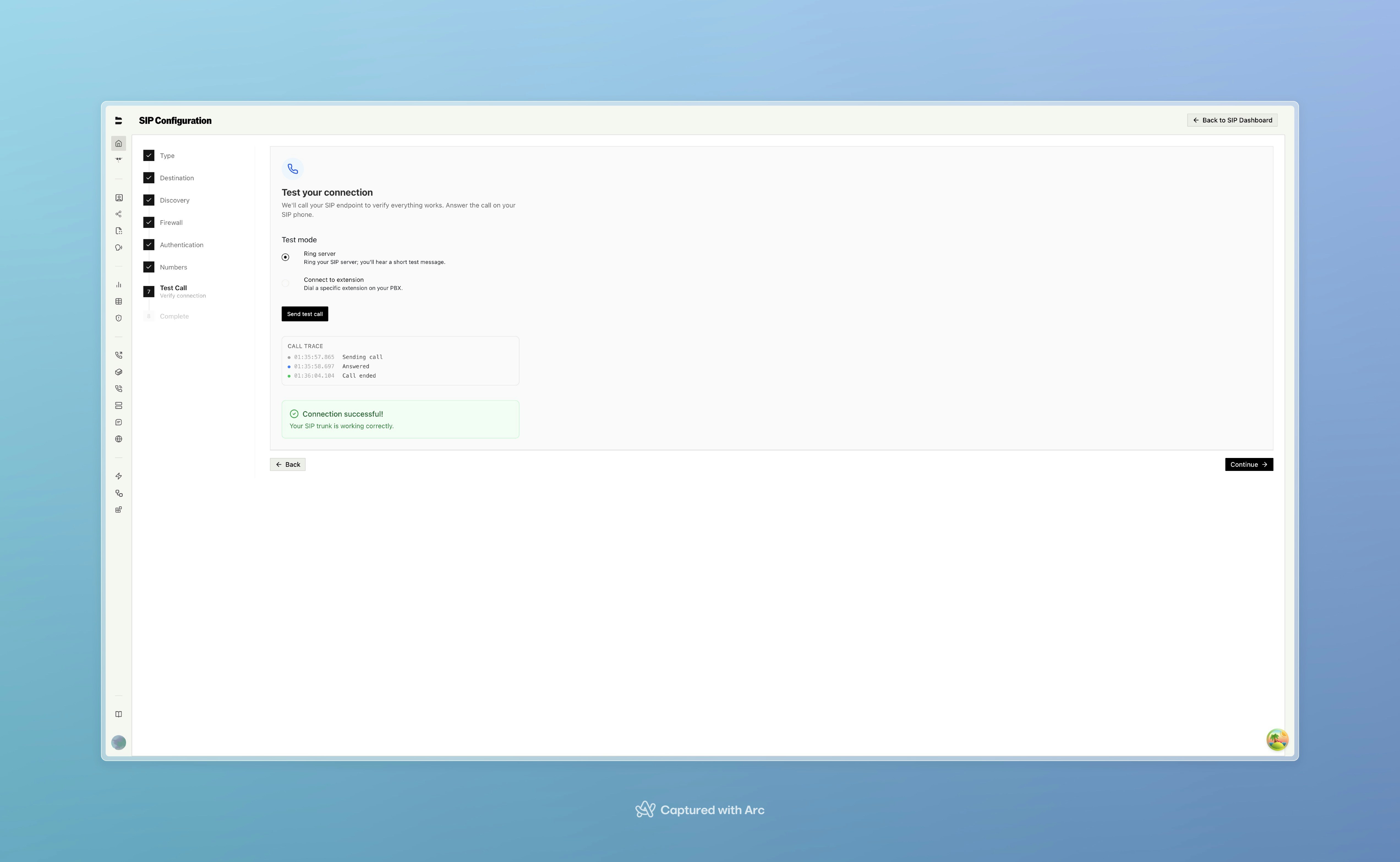 SIP Wizard test call step showing call trace with INVITE, 100 Trying, 180 Ringing, 200 OK, and connection successful