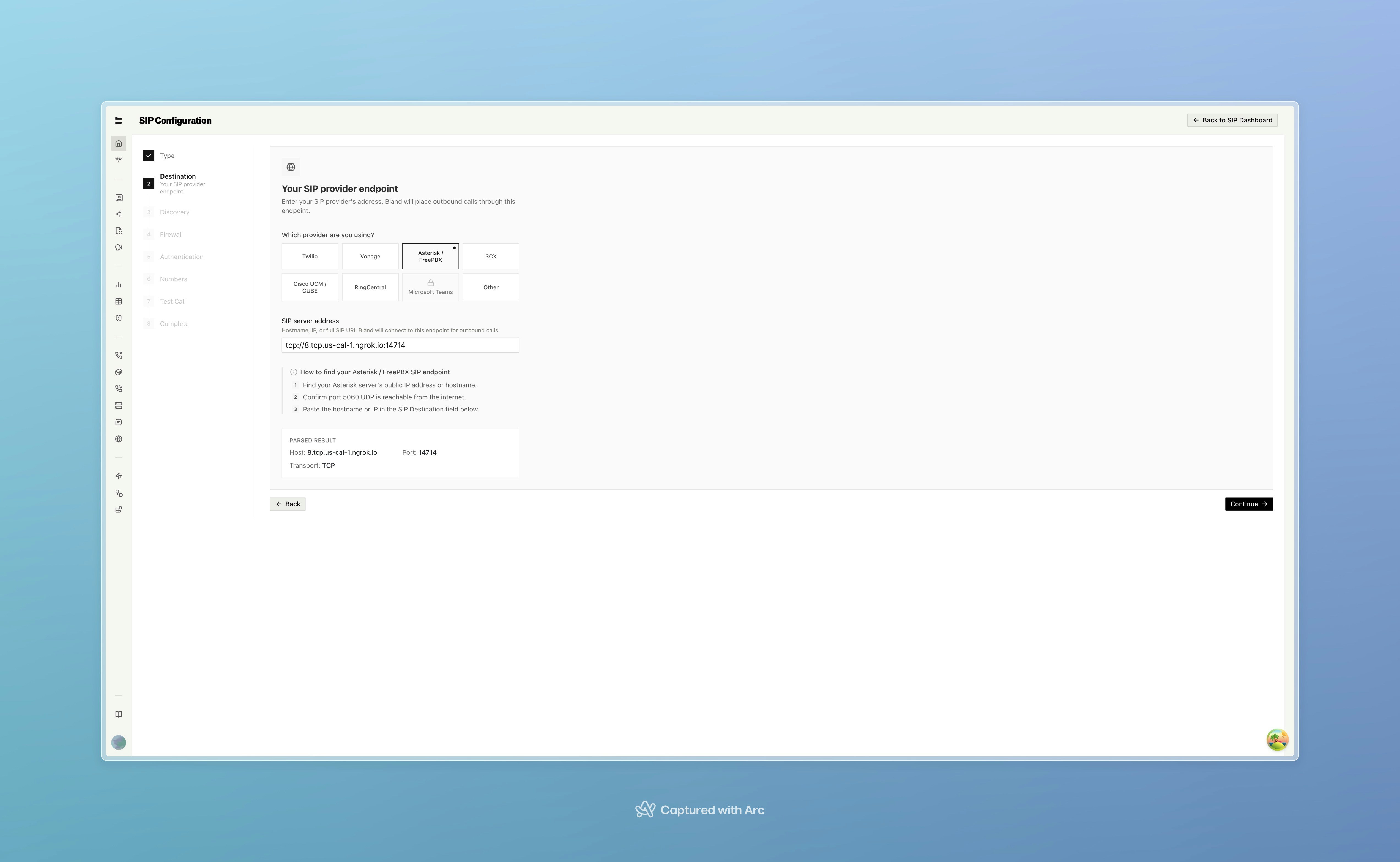 SIP Wizard destination step showing provider selection and SIP server address input with parsed result