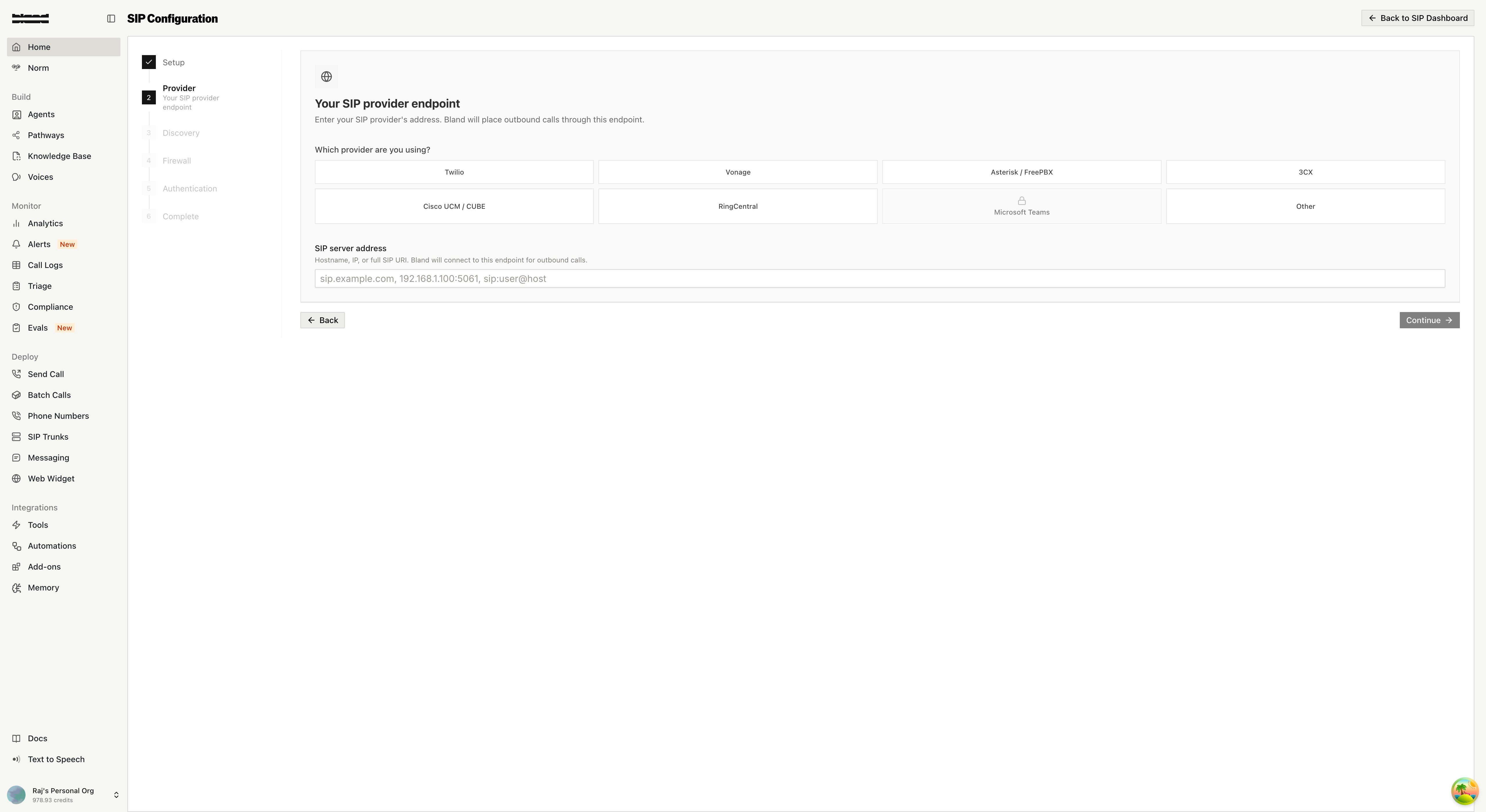SIP wizard Provider step showing the provider catalog and the SIP server address input
