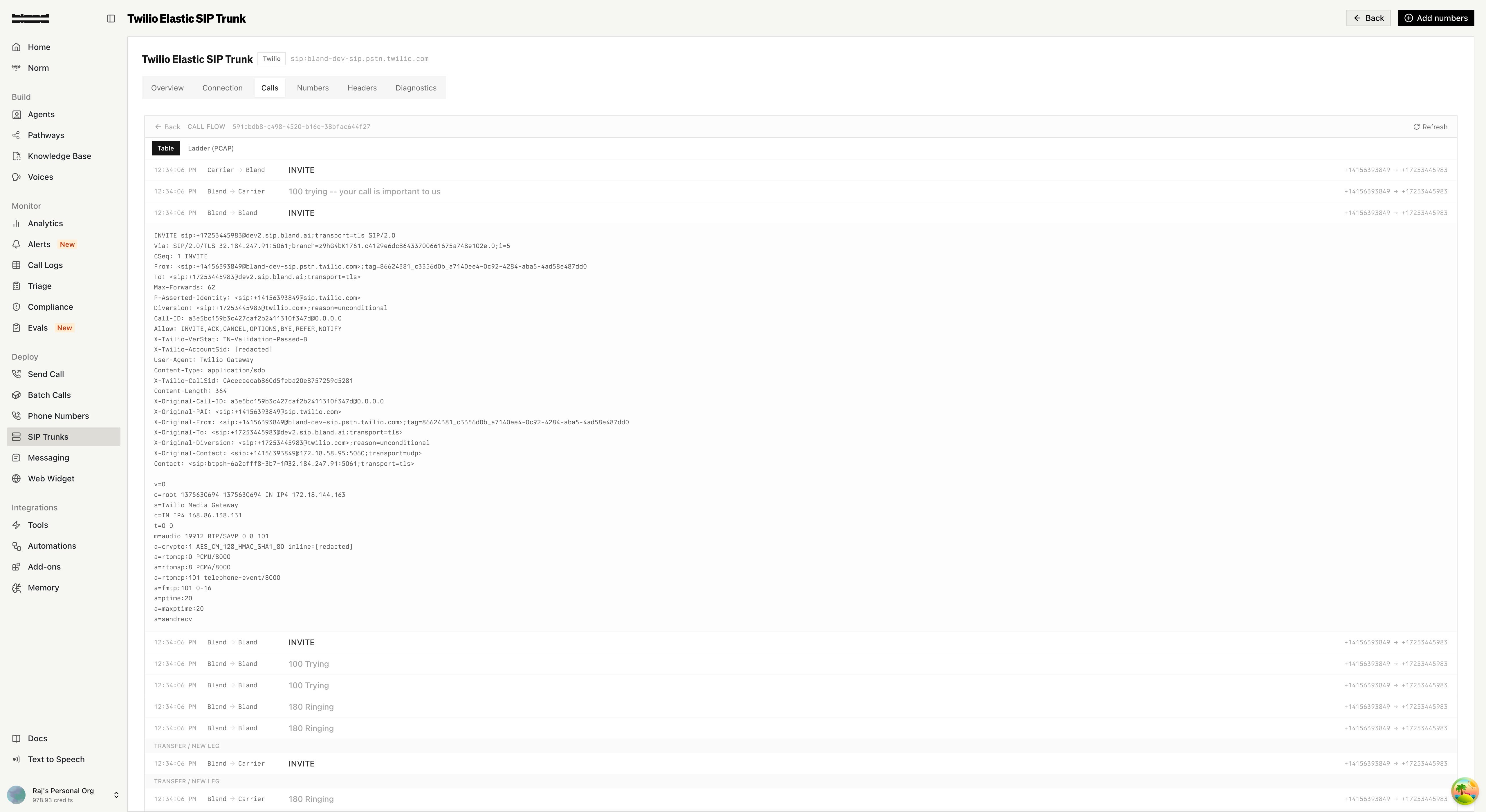 SIP call flow trace showing INVITE, 100 Trying, 180 Ringing and full SIP message headers across call legs