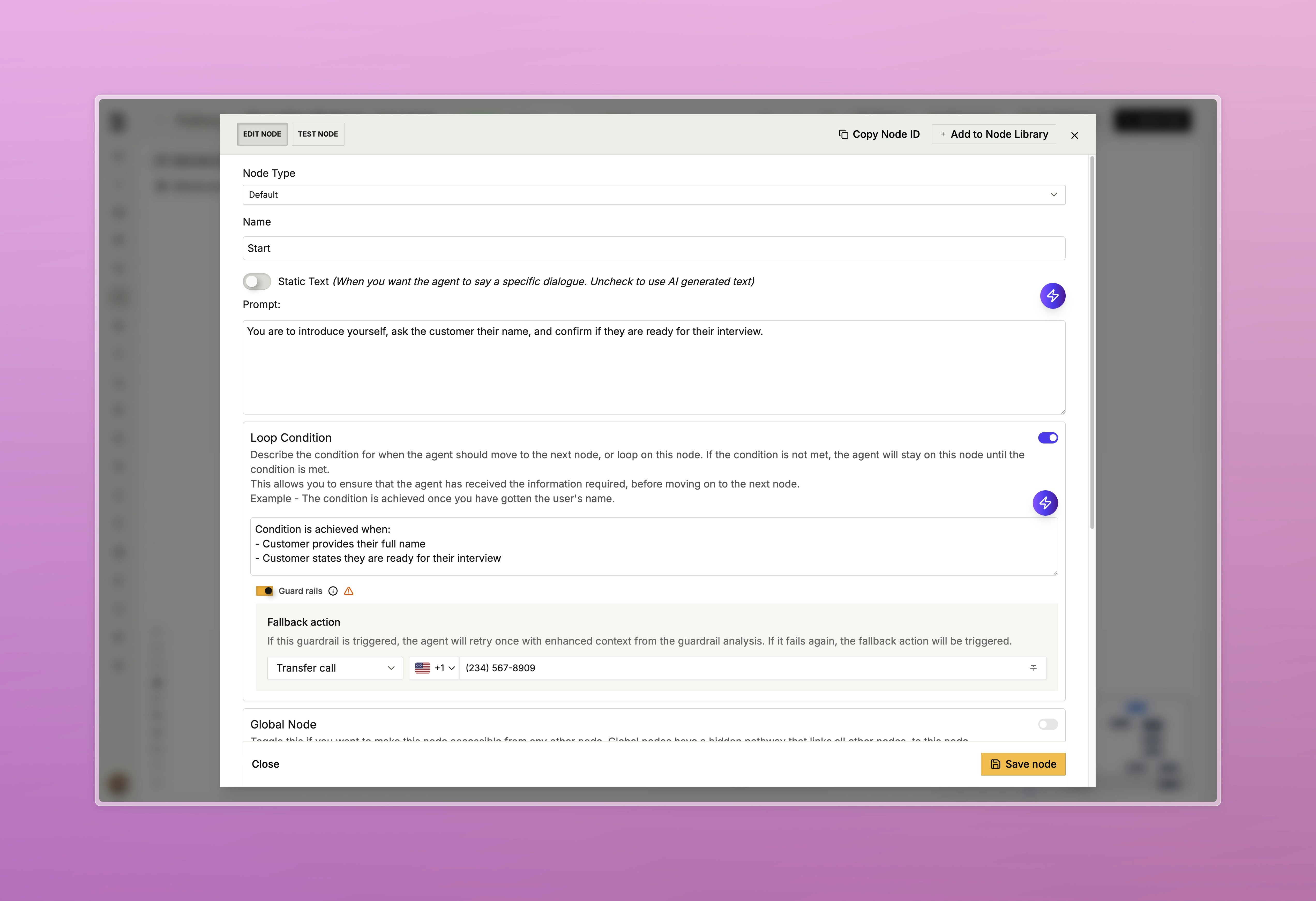 Watchtower node configuration interface with guard rail controls