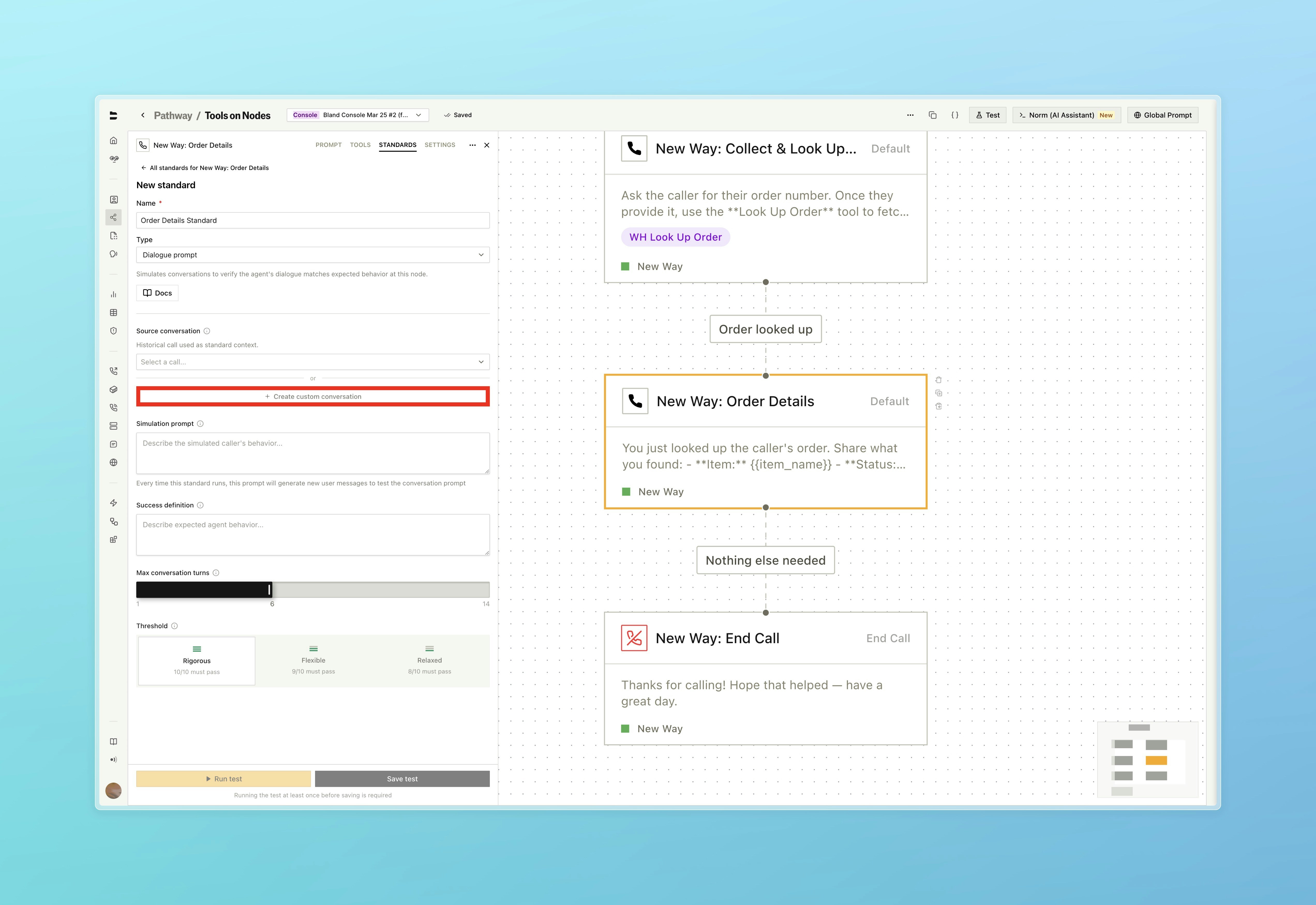 Standards panel with custom conversation field highlighted