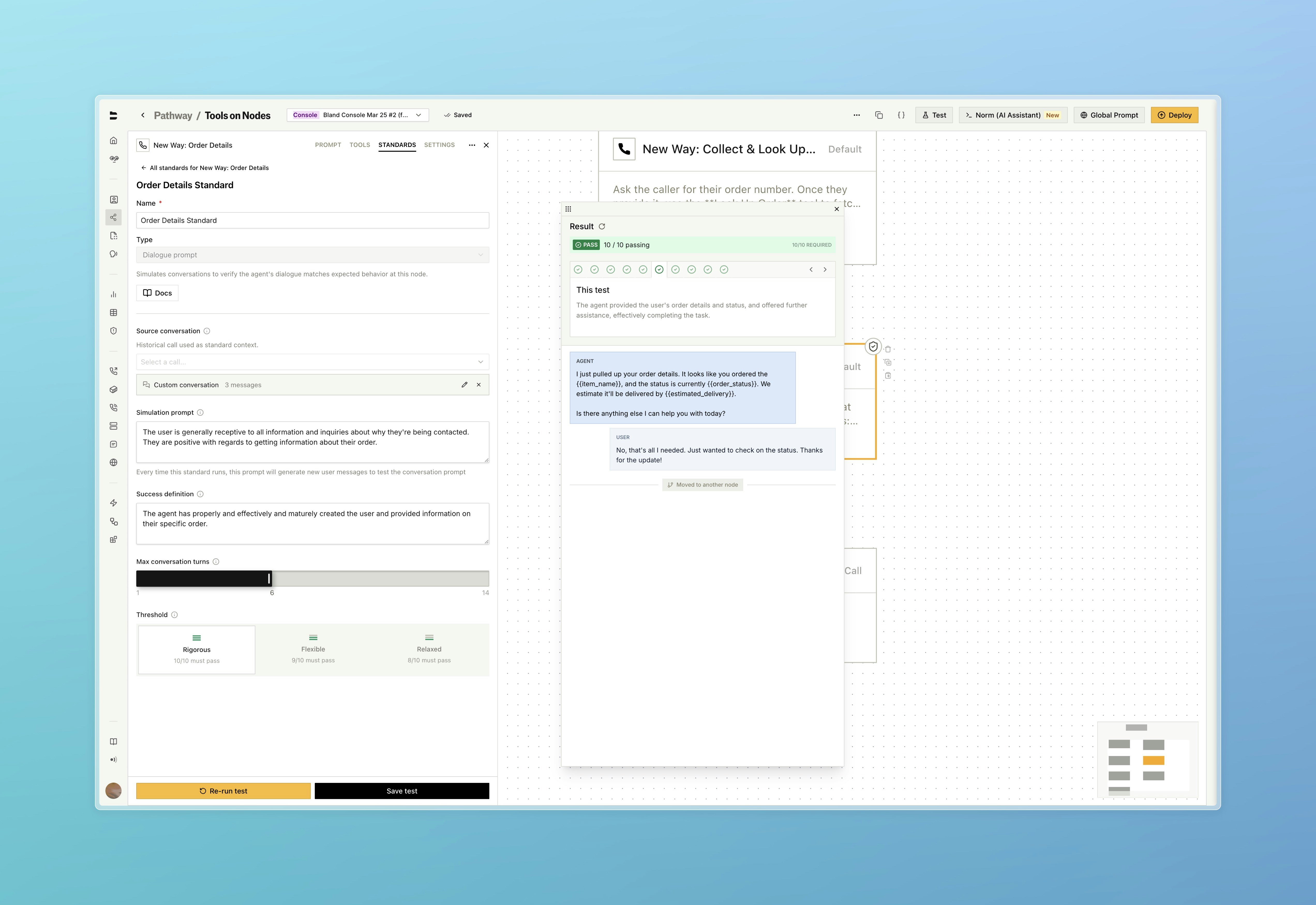 Standards panel with custom conversation set and simulation running