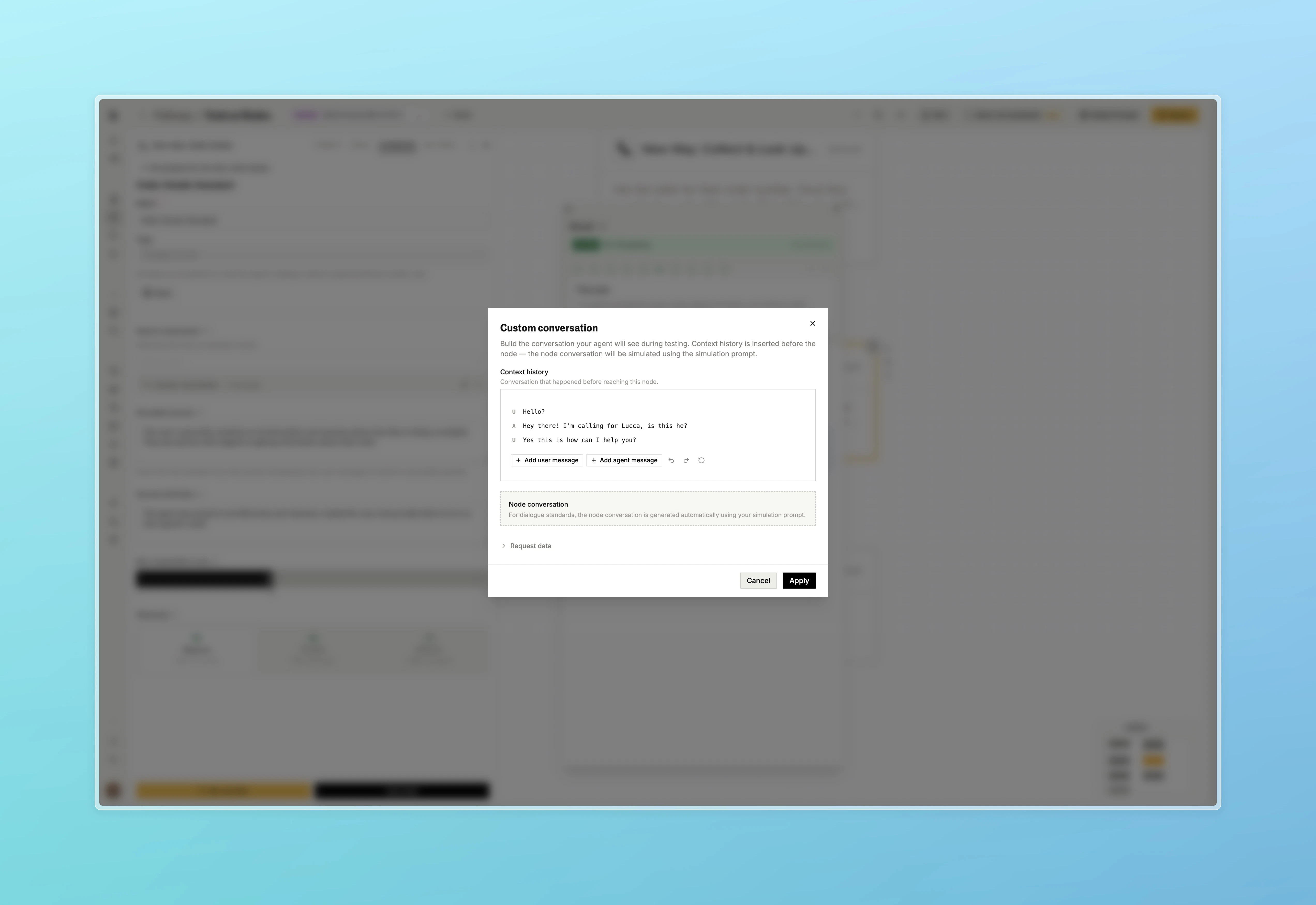 Custom conversation modal showing context history and node conversation builder