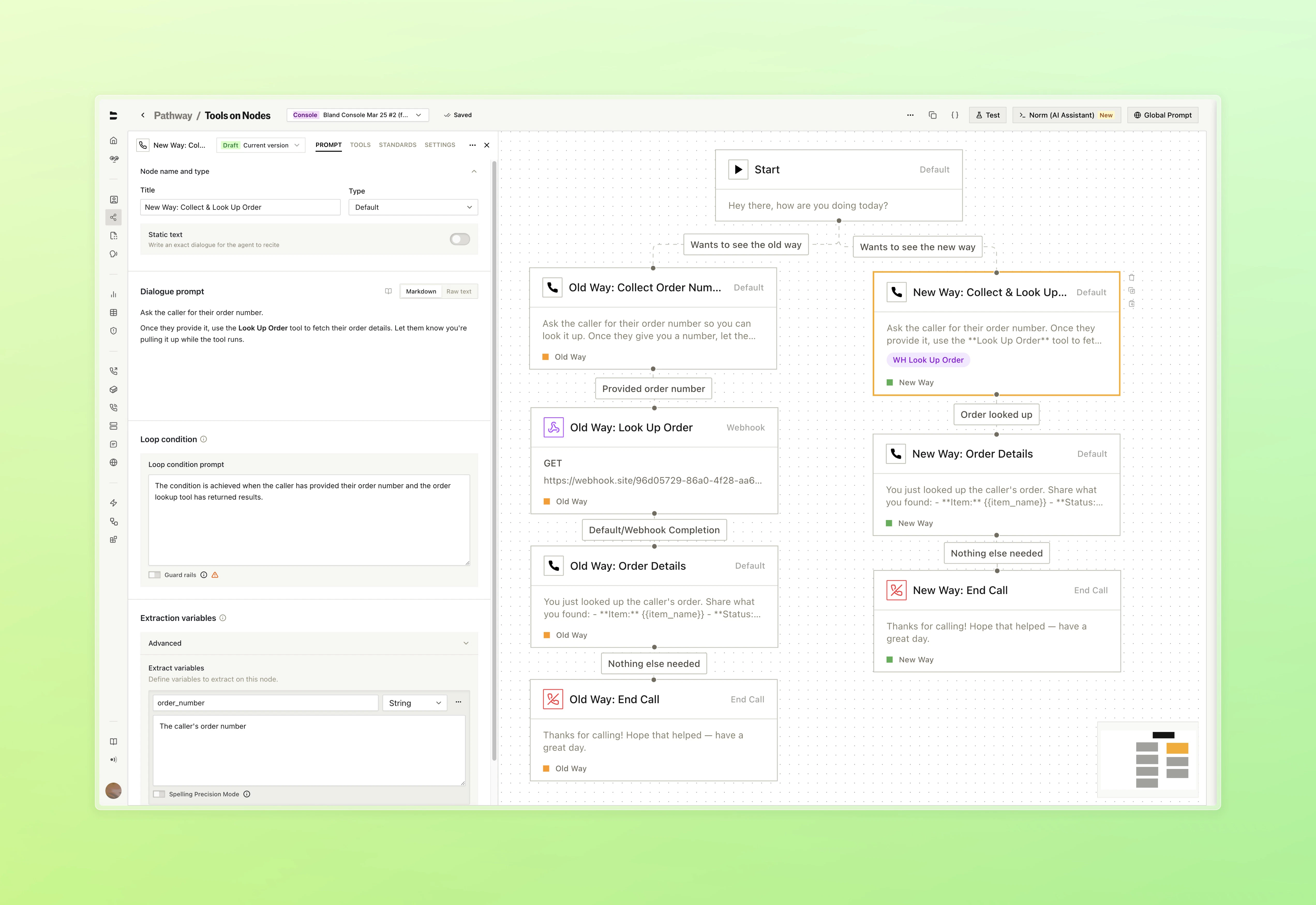 Pathway canvas comparing old approach with multiple separate Custom Tool nodes versus new approach with tools embedded directly in Default nodes
