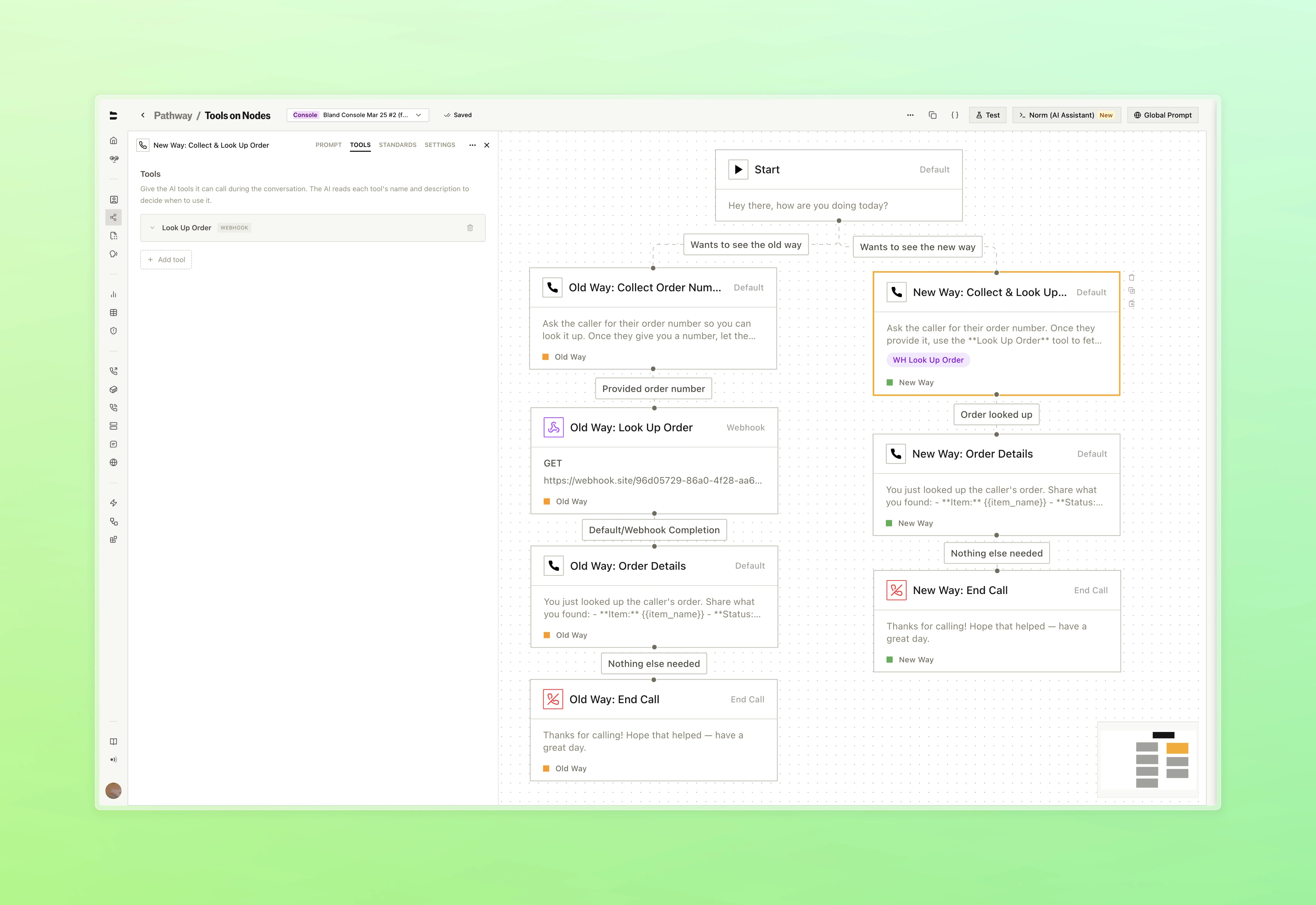 Tools tab inside the Default node drawer with a webhook tool attached