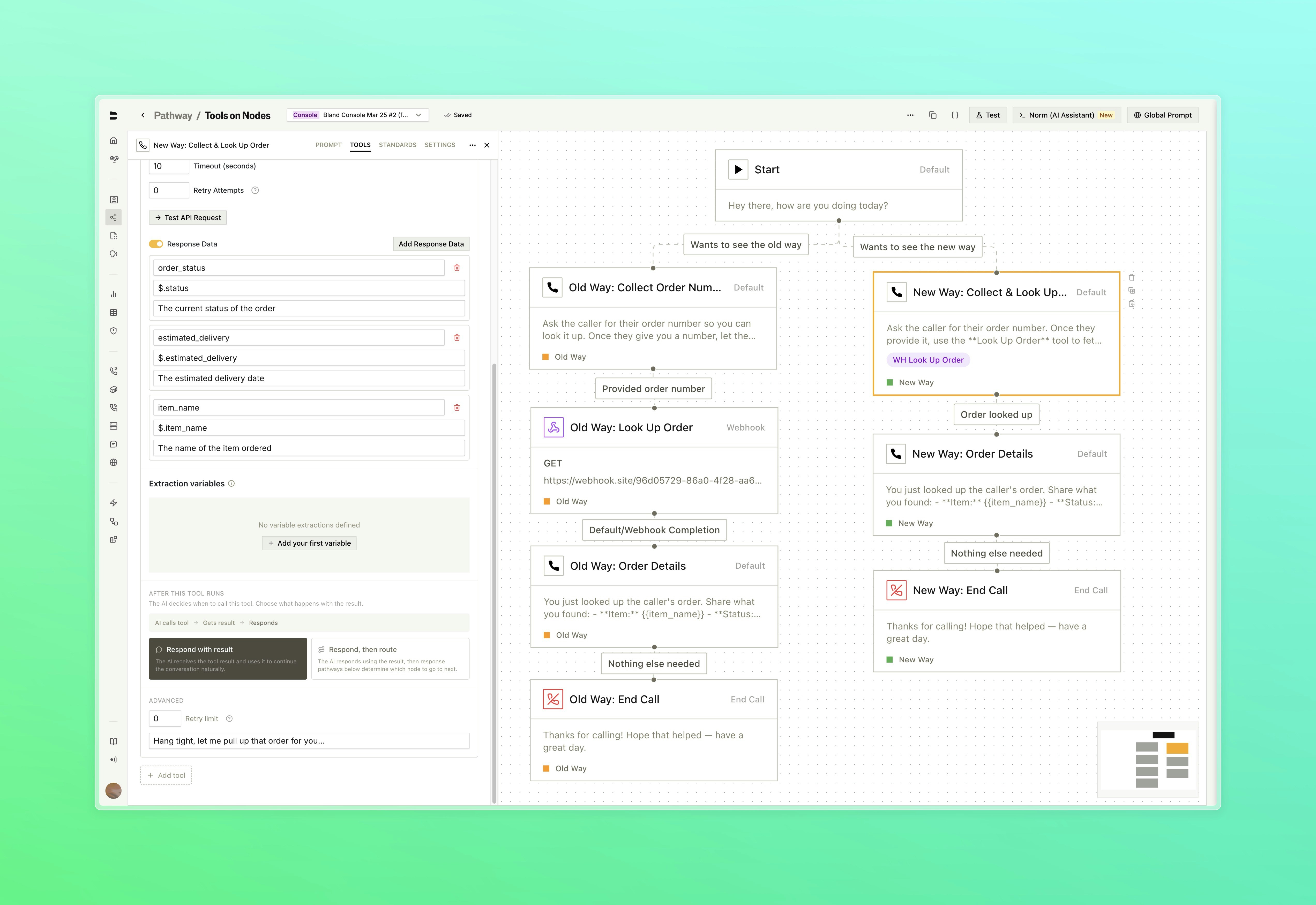 Response pathways section showing routing conditions based on tool output values