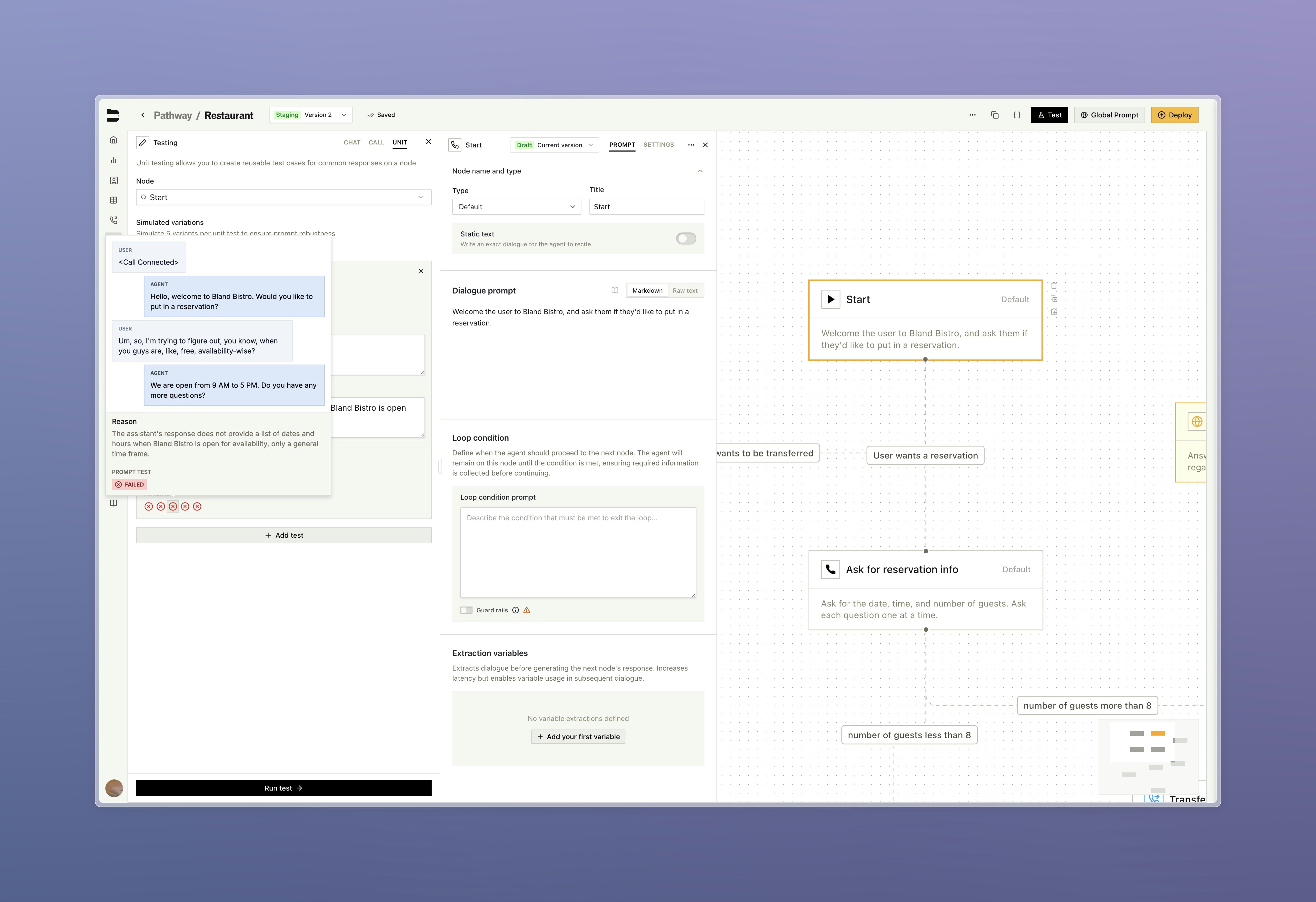Testing panel showing draft node configuration in action