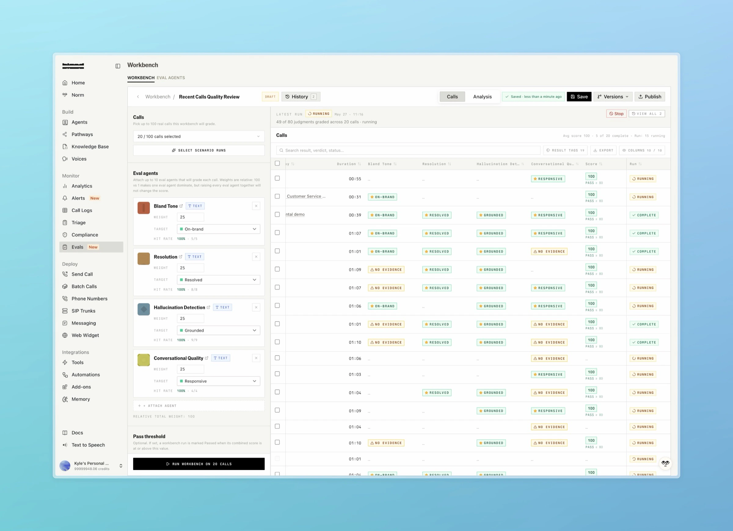 The experiment builder with selected calls, attached agents and their weights and targets, and the live results grid
