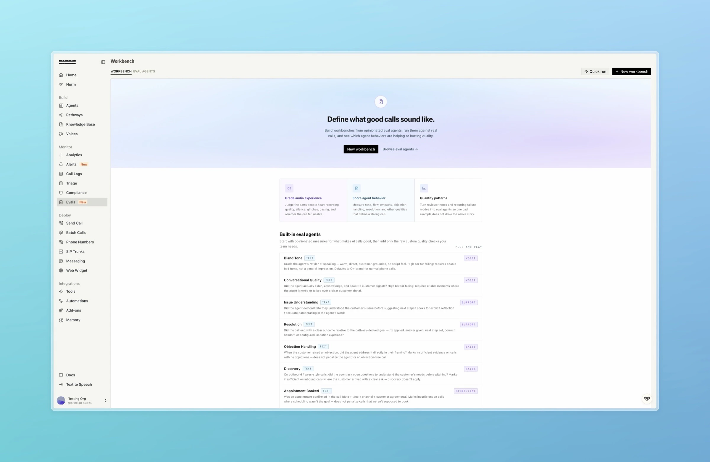 The Evals home screen with the prompt to define what good calls sound like and a list of built-in eval agents