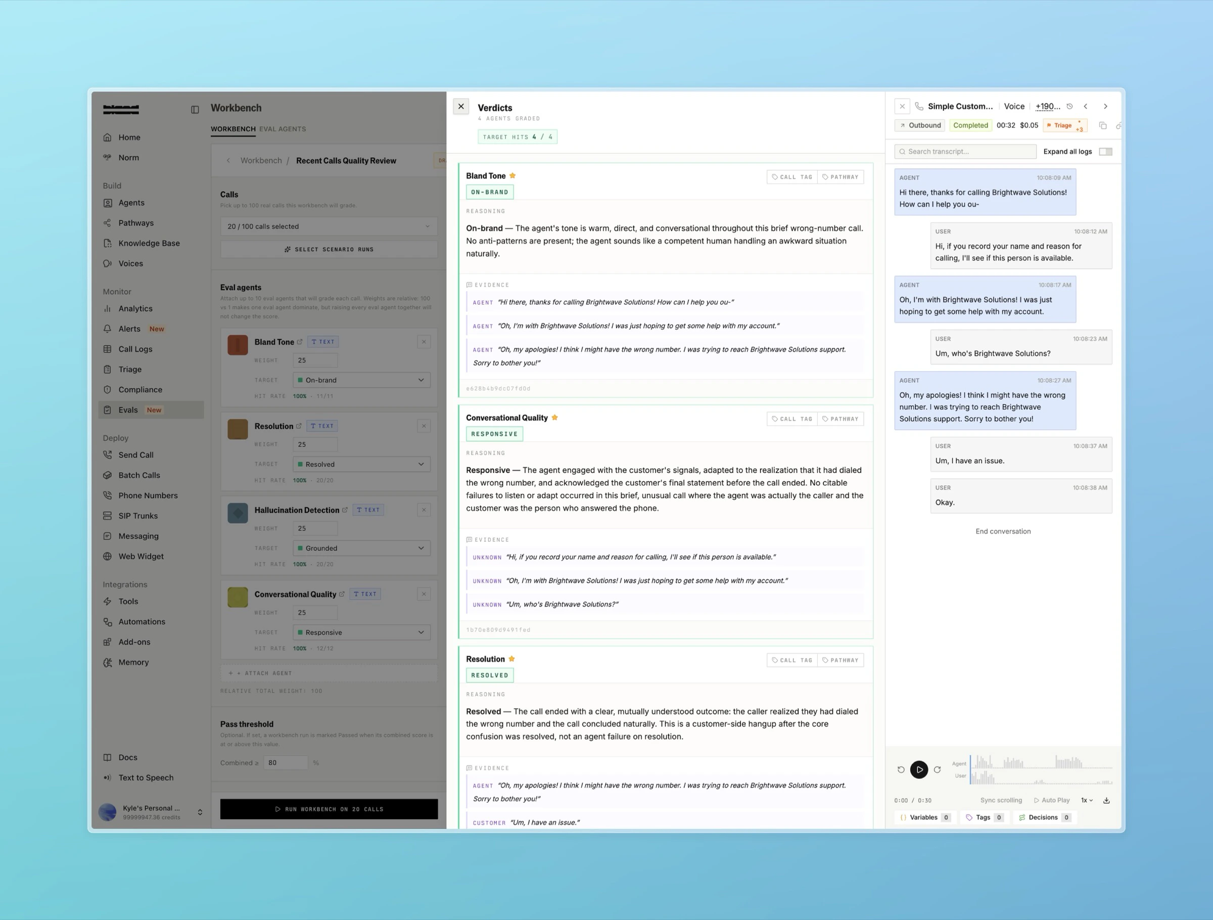 The verdict drawer showing each agent's selected level, written reasoning, and quoted evidence next to the call transcript