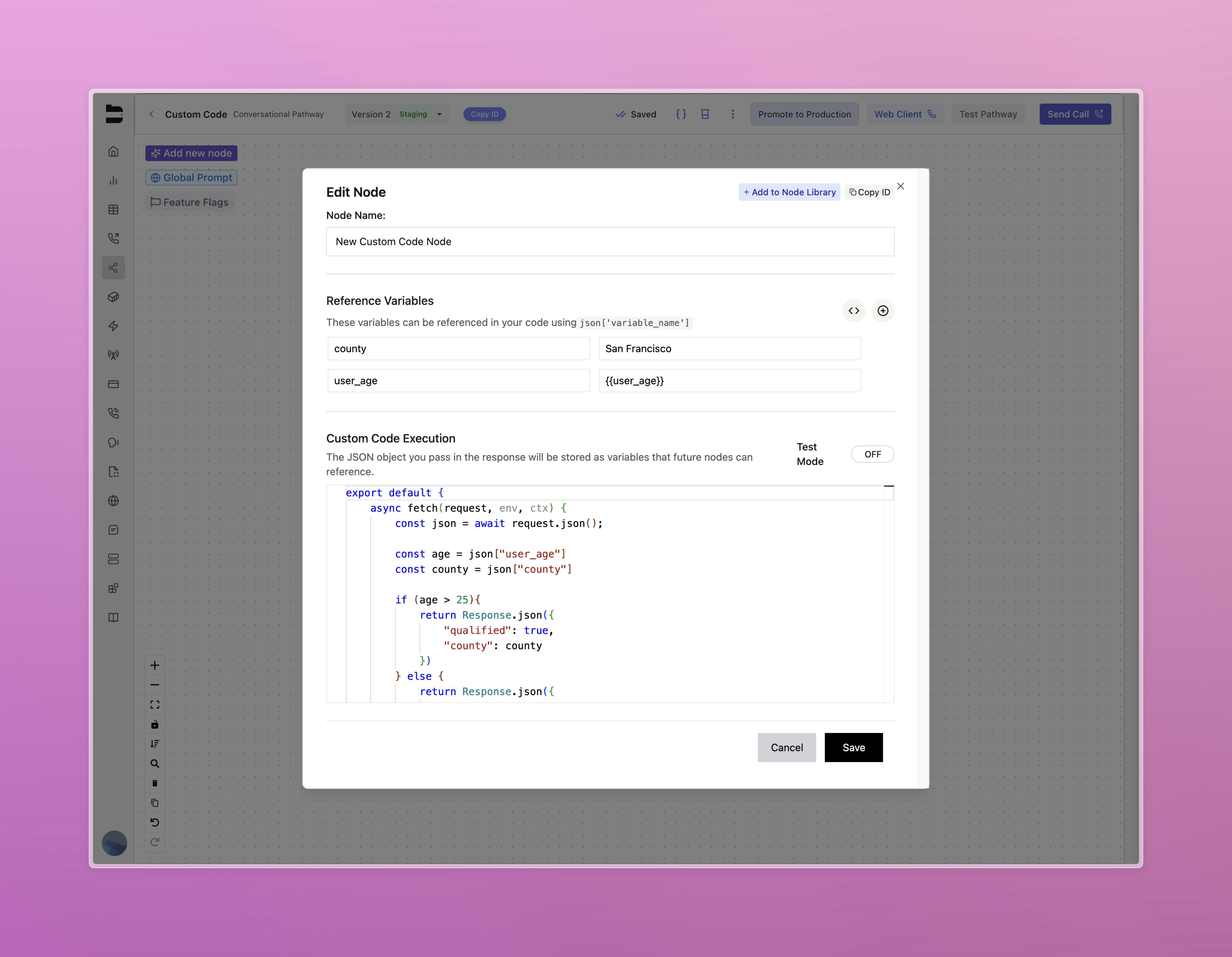 Custom Code Node Variables