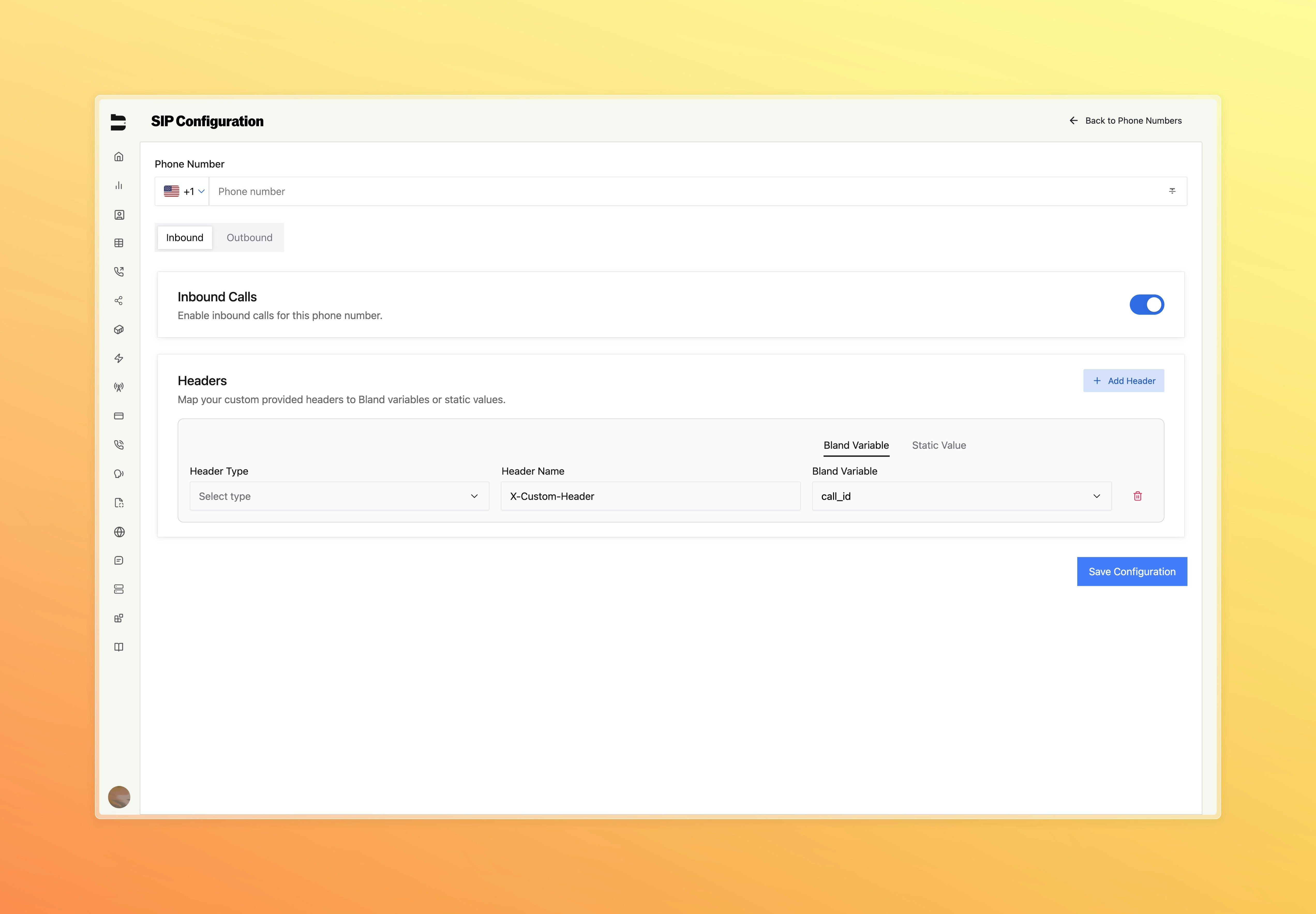 Inbound SIP configuration tab showing enable toggle and headers section