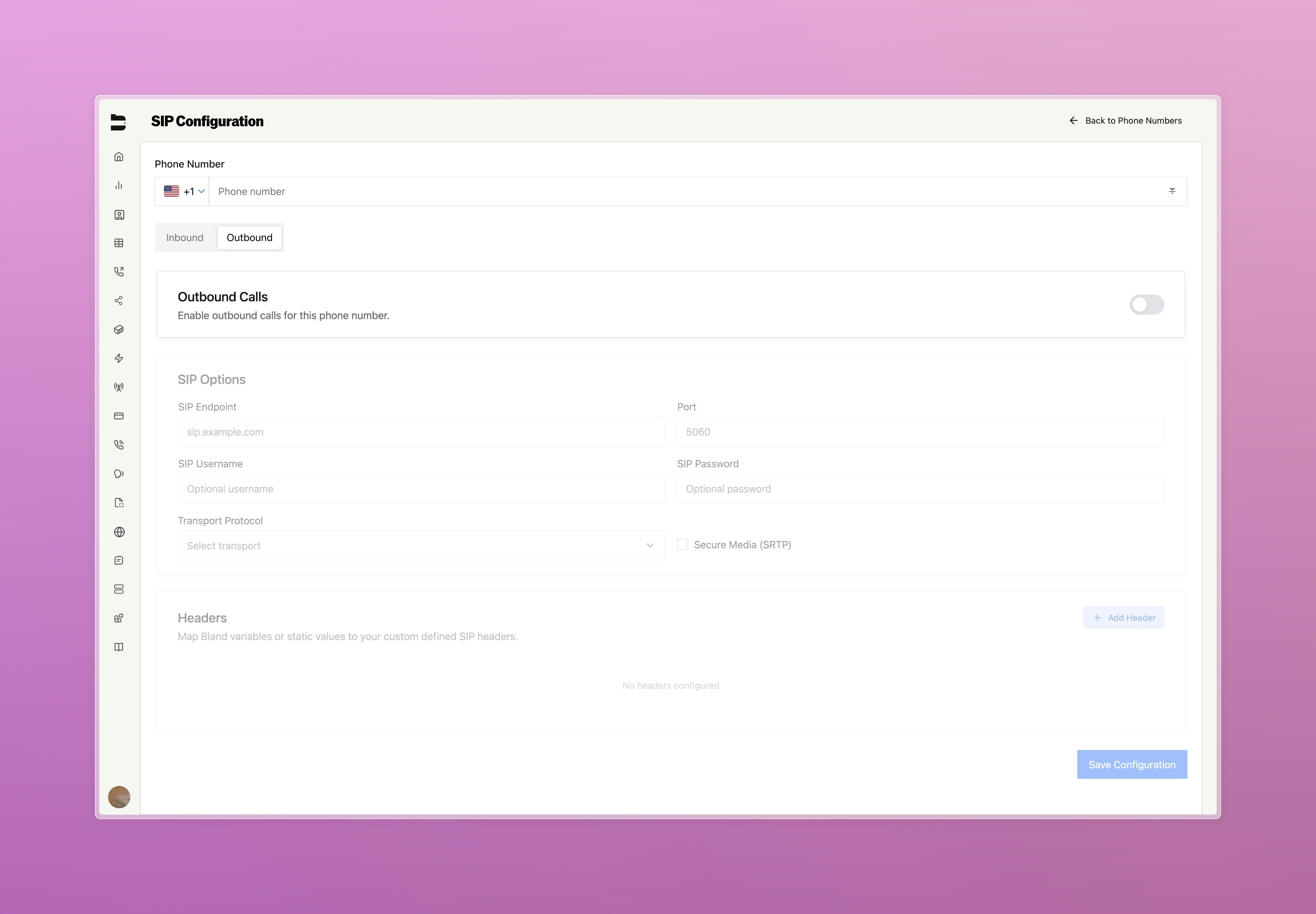 Outbound SIP configuration tab showing SIP endpoint settings and options