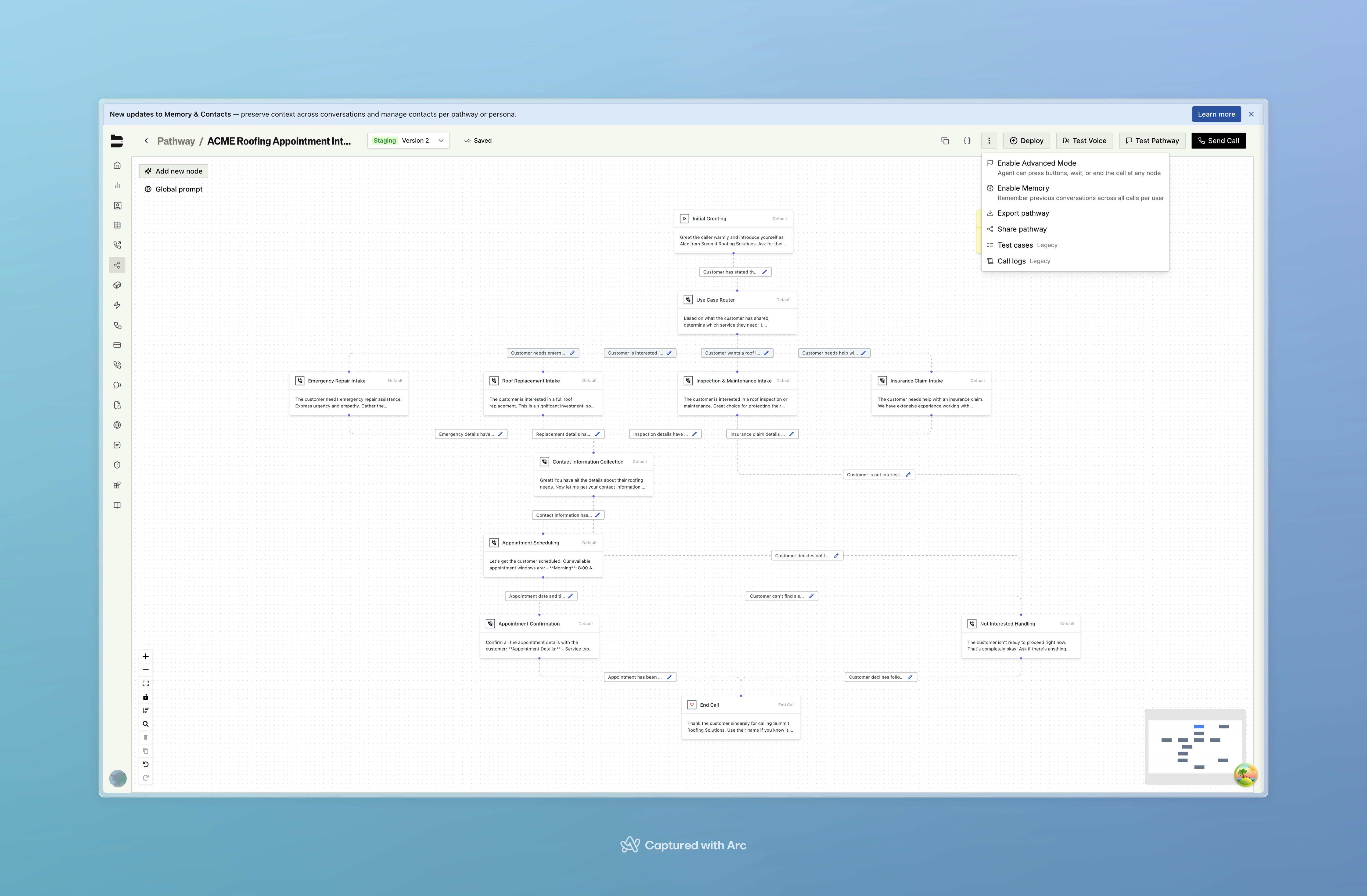 Pathway menu with Enable Memory checkbox