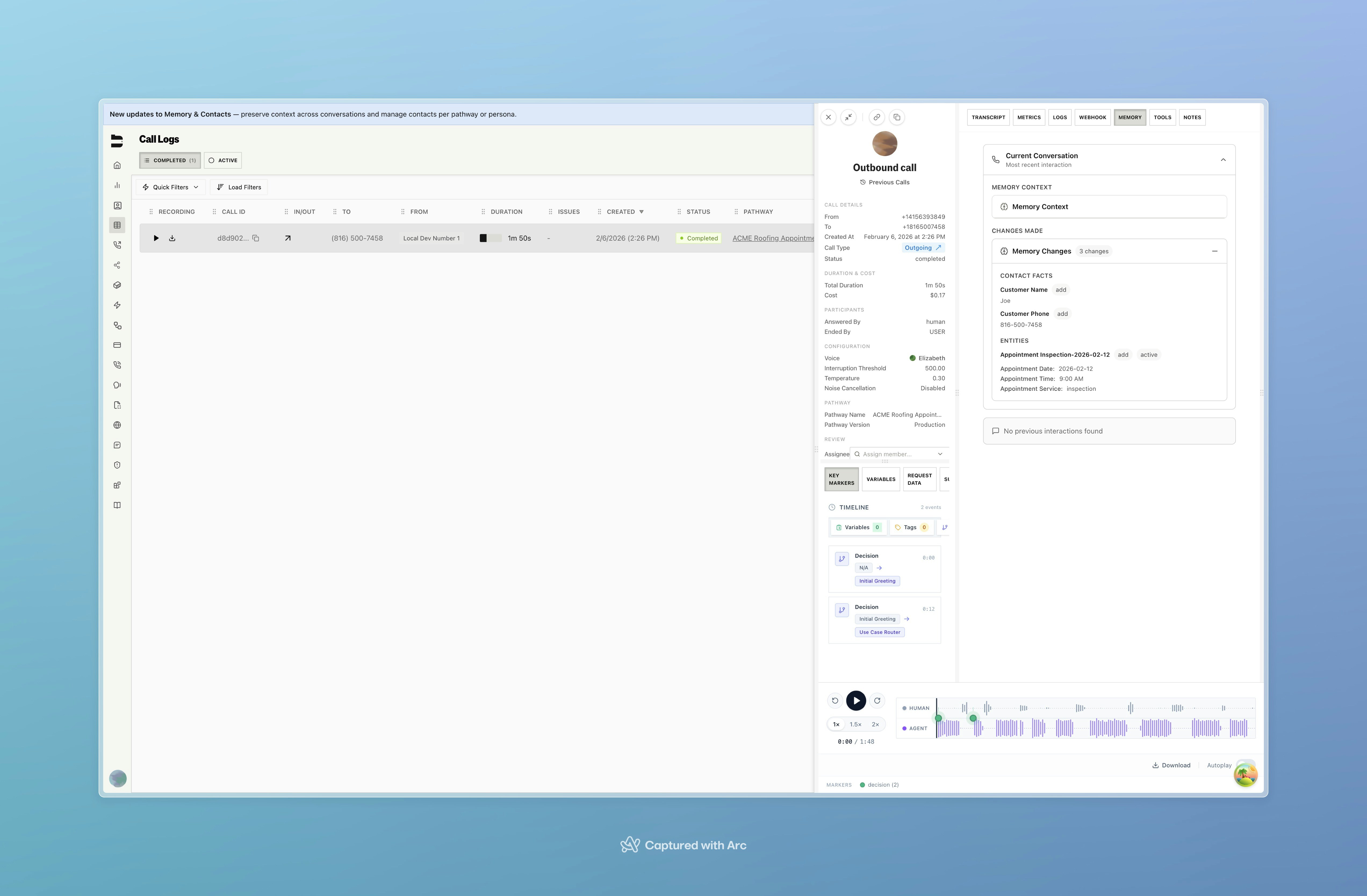 Call log MEMORY tab showing contact facts and appointment entities for a completed call