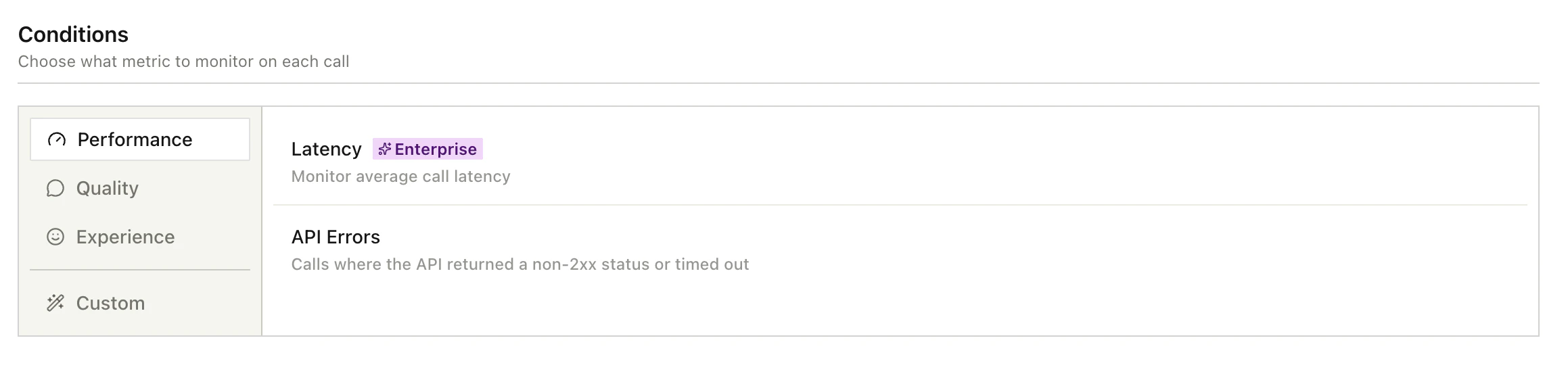 Condition template picker showing performance, quality, and experience categories
